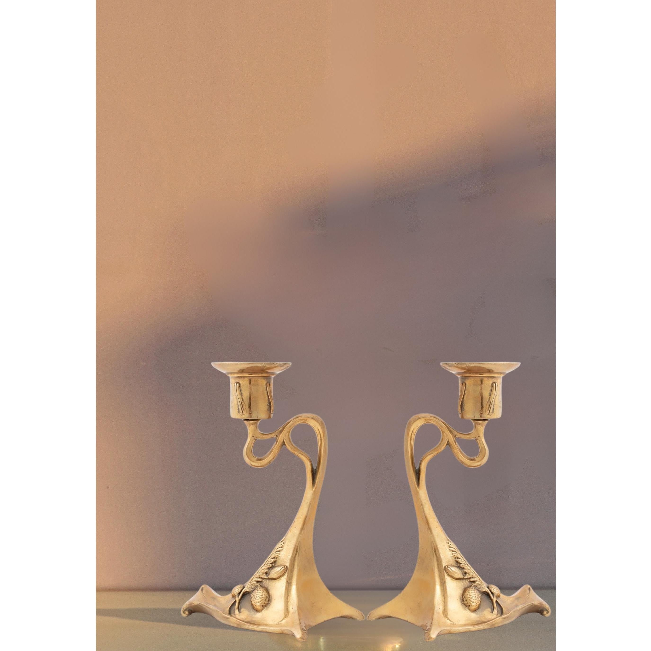 Art Nouveau Candle Holder Pair | Handcrafted Bronze Decor