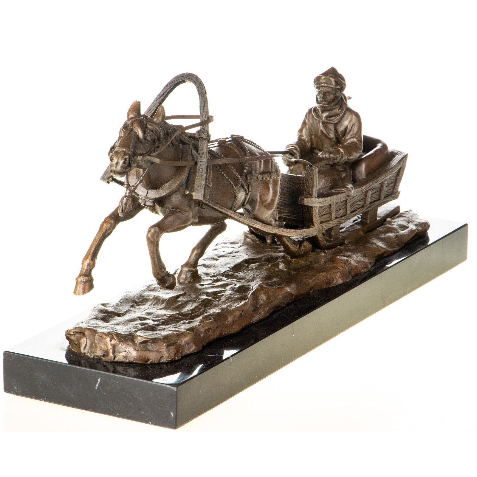 Bronze Horse-Drawn Sleigh Sculpture After F. Gornik – Winter Scene