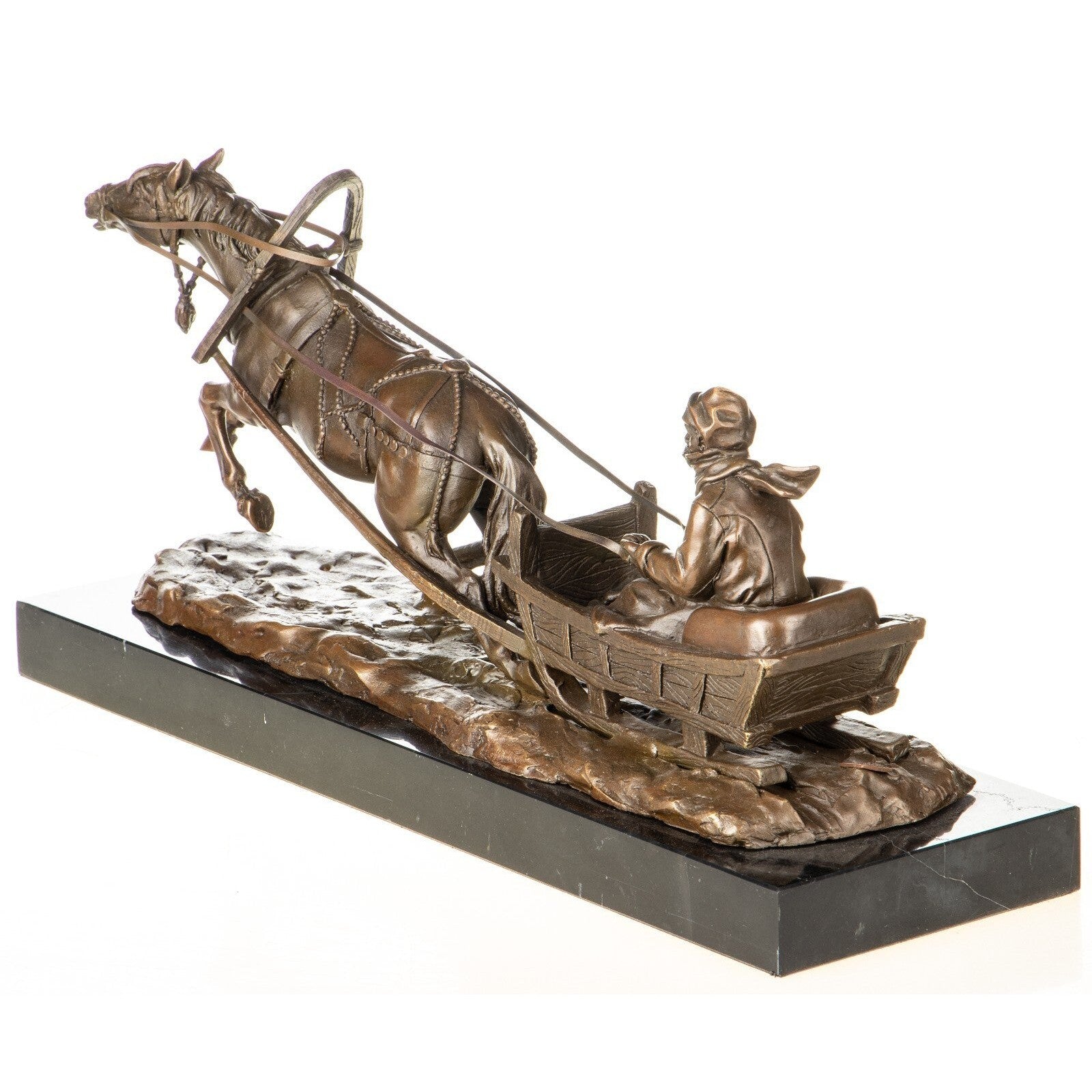 Bronze Horse-Drawn Sleigh Sculpture After F. Gornik – Winter Scene
