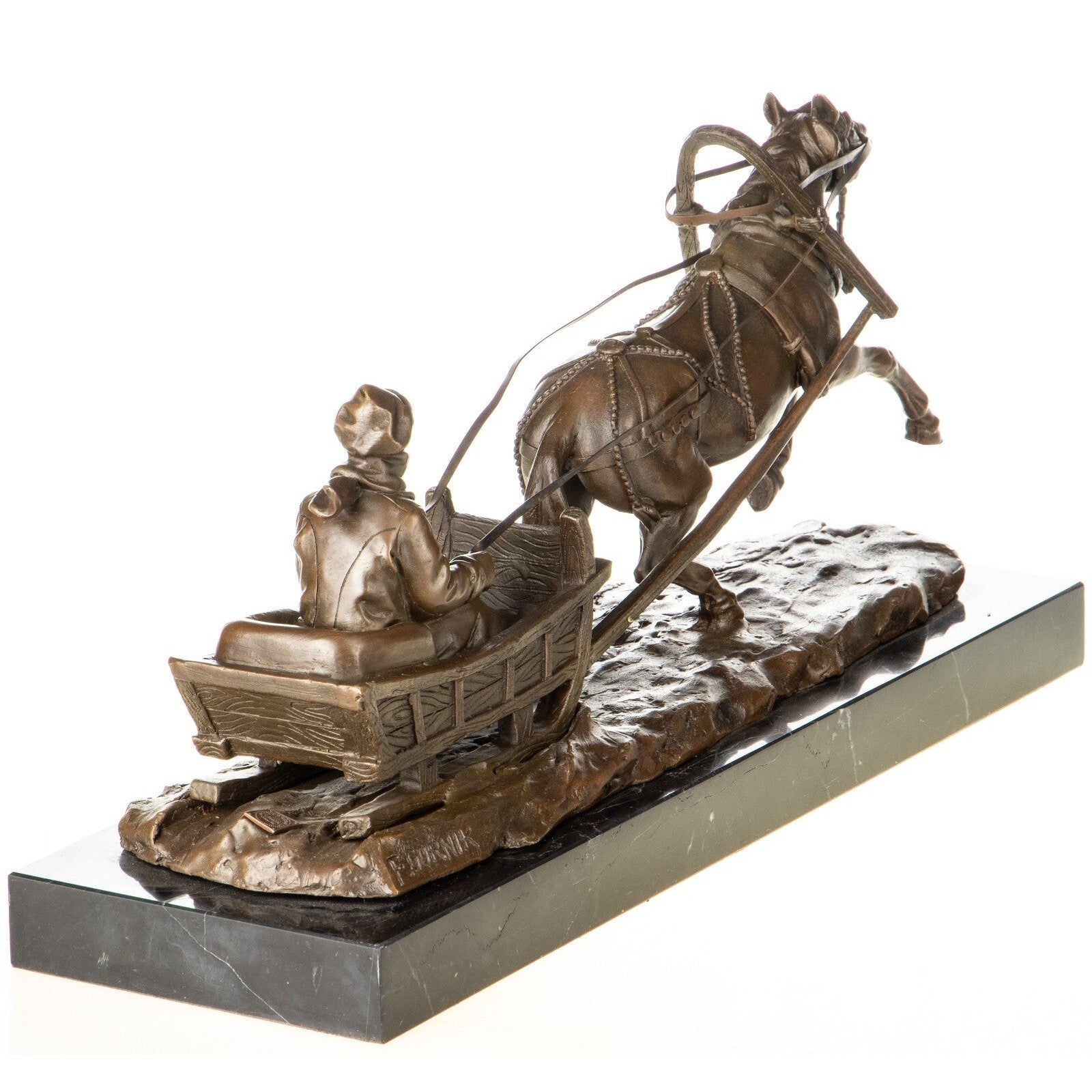 Bronze Horse-Drawn Sleigh Sculpture After F. Gornik – Winter Scene