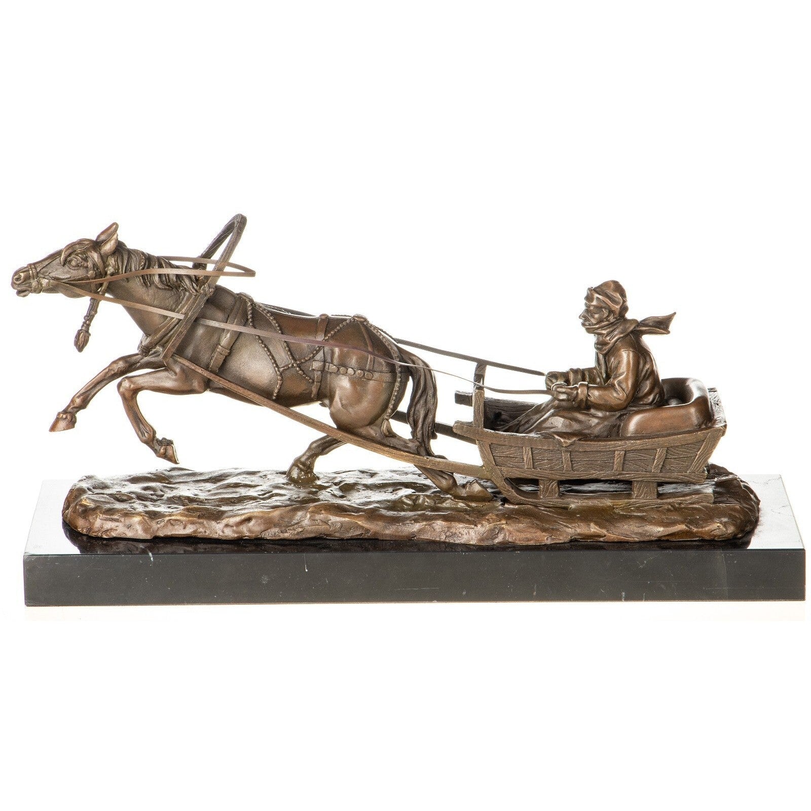 Bronze Horse-Drawn Sleigh Sculpture After F. Gornik – Winter Scene