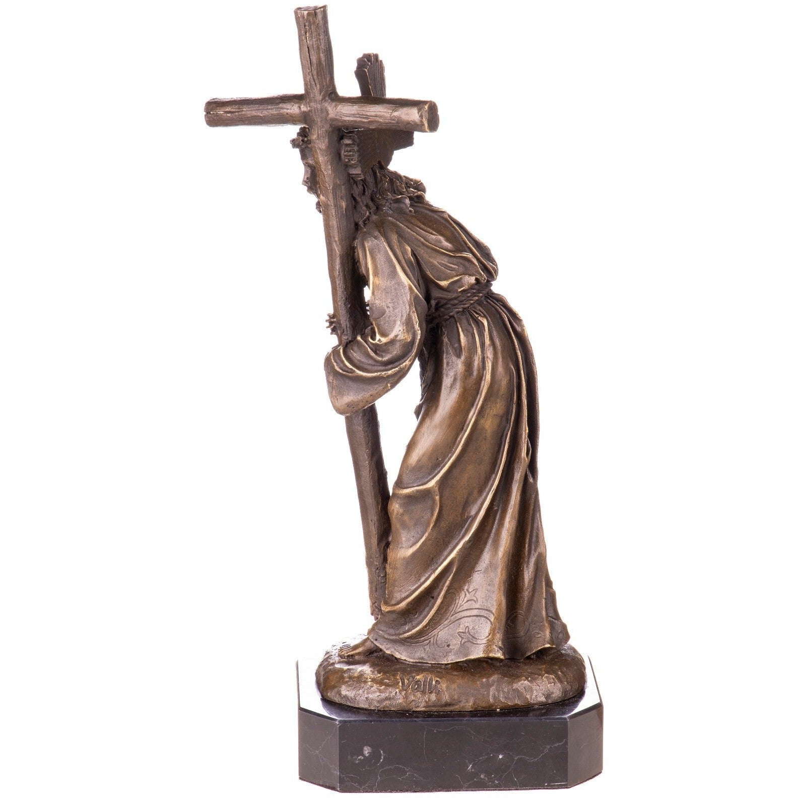 Bronze Jesus Carrying the Cross Sculpture on Marble Base