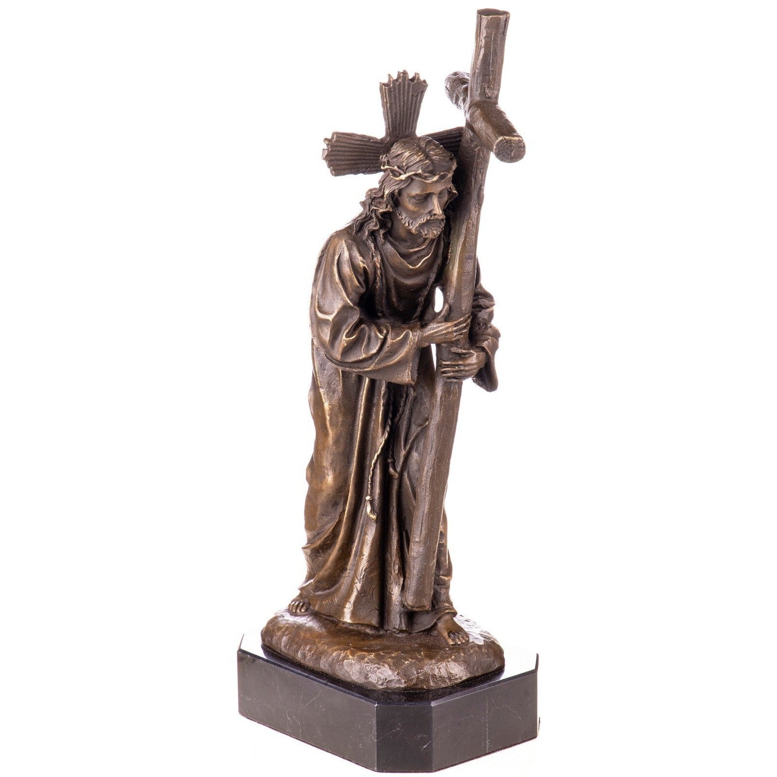 Bronze Jesus Carrying the Cross Sculpture on Marble Base