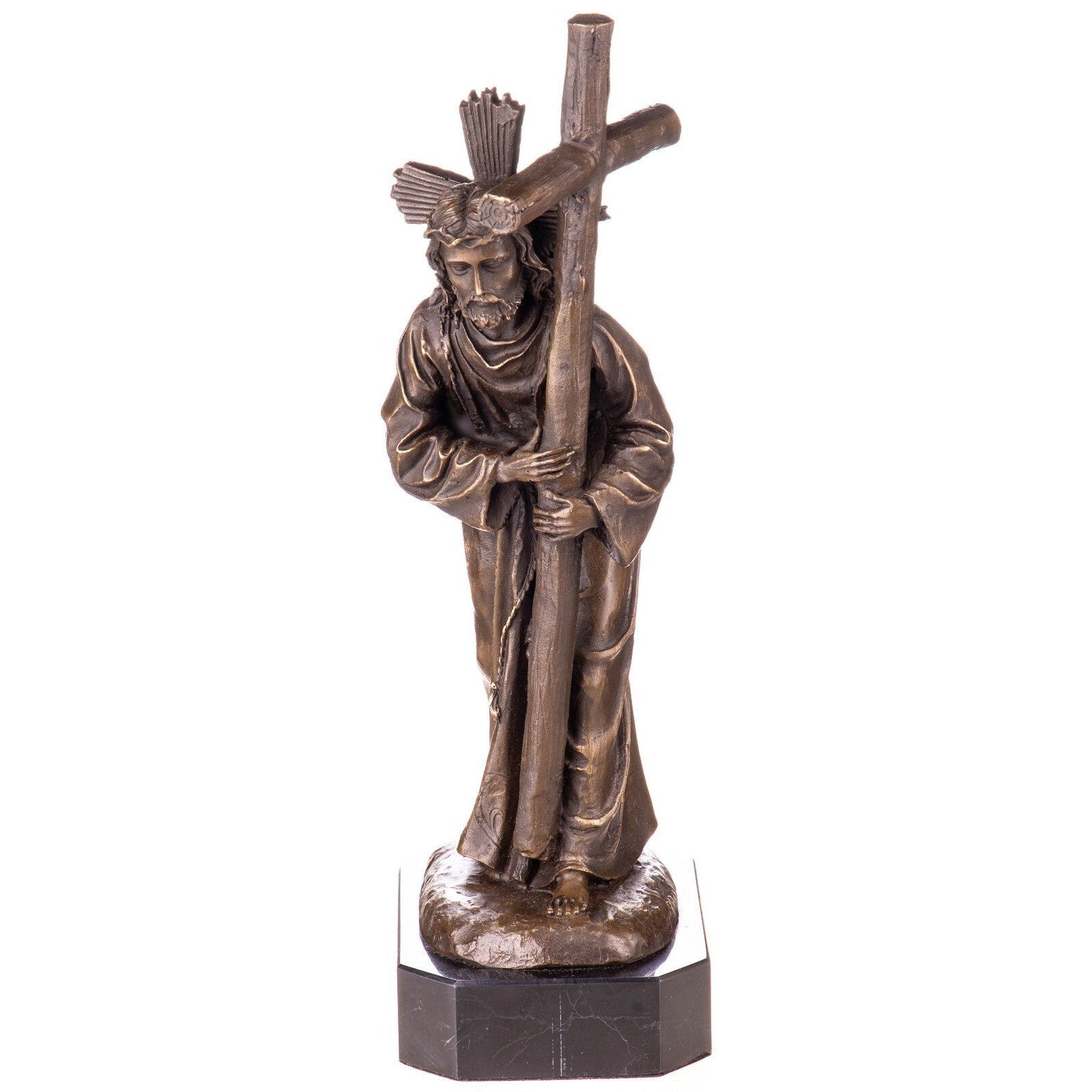 Bronze Jesus Carrying the Cross Sculpture on Marble Base