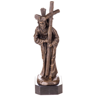 Bronze Jesus Carrying the Cross Sculpture on Marble Base