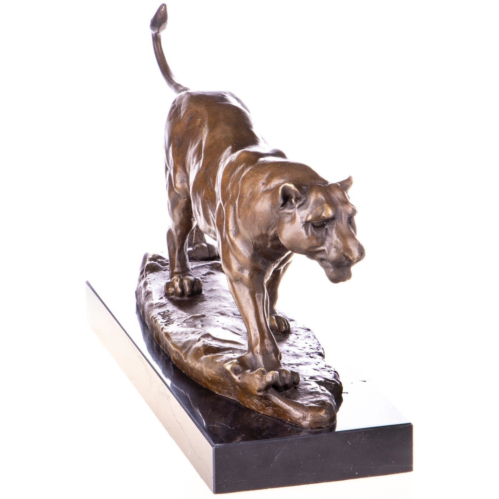 Bronze Lioness Sculpture – Powerful Walking Big Cat on Marble Base –