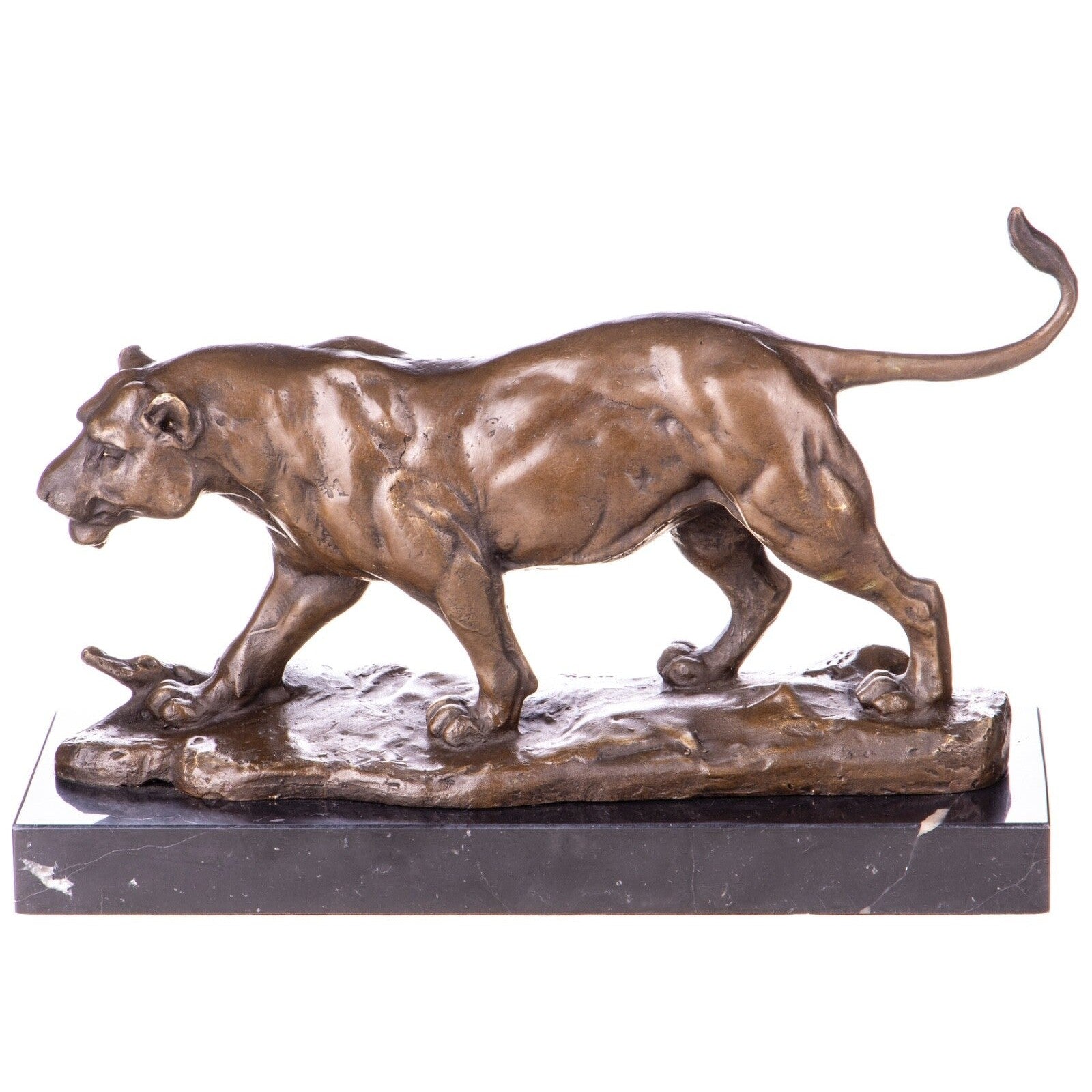 Bronze Lioness Sculpture – Powerful Walking Big Cat on Marble Base –