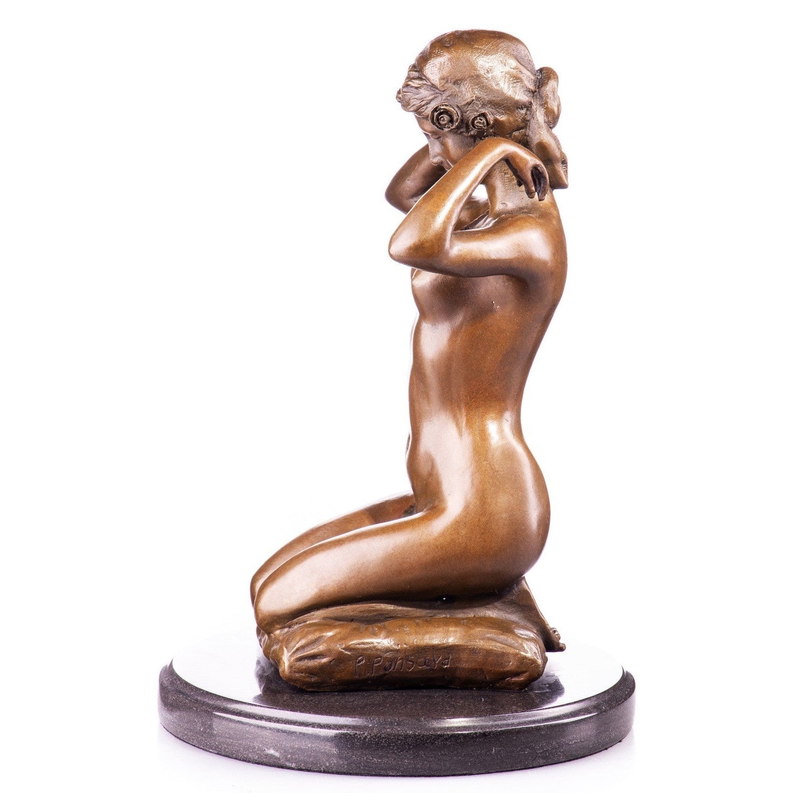 Bronze Nude Kneeling Woman Art Nouveau Style Sculpture on Marble Base
