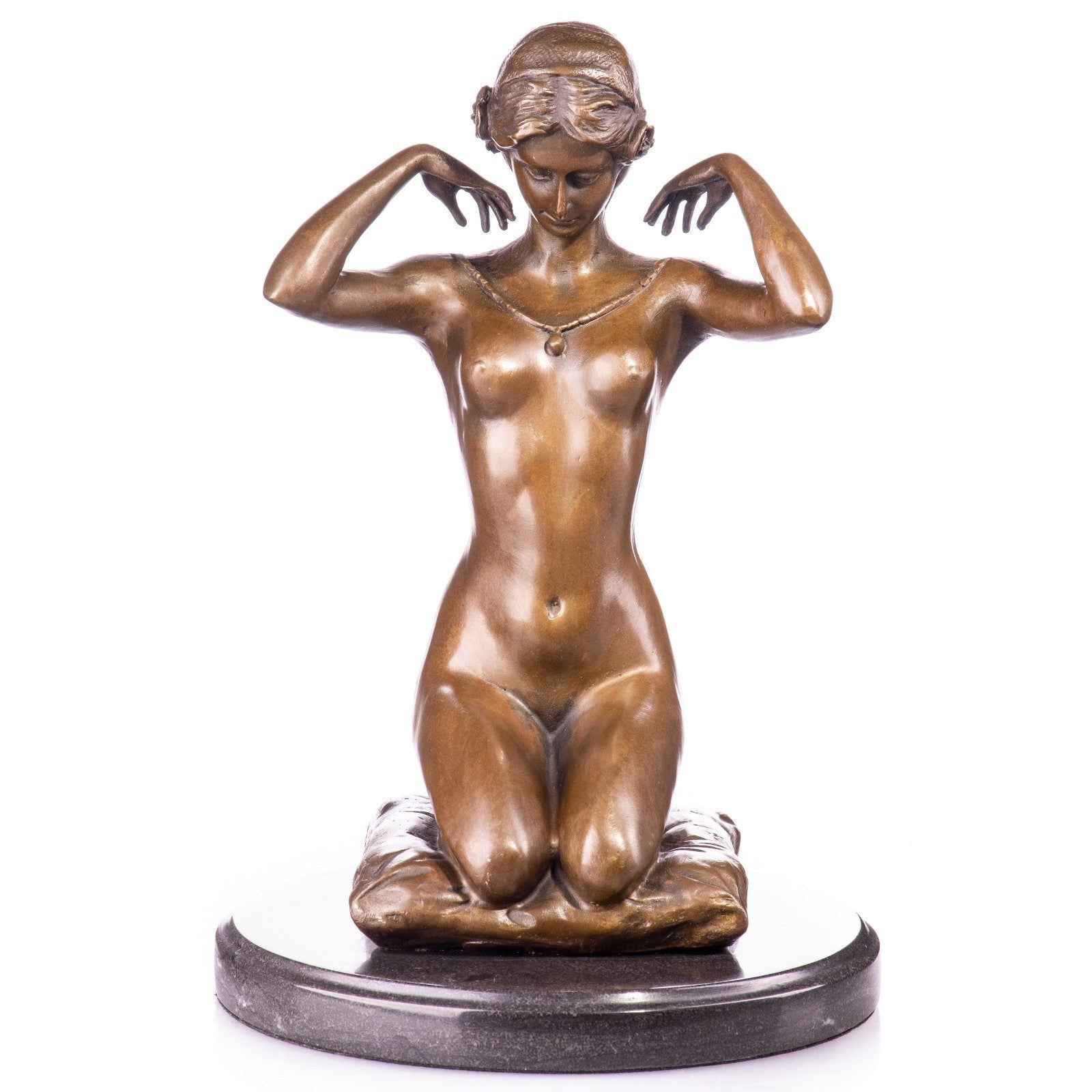 Bronze Nude Kneeling Woman Art Nouveau Style Sculpture on Marble Base