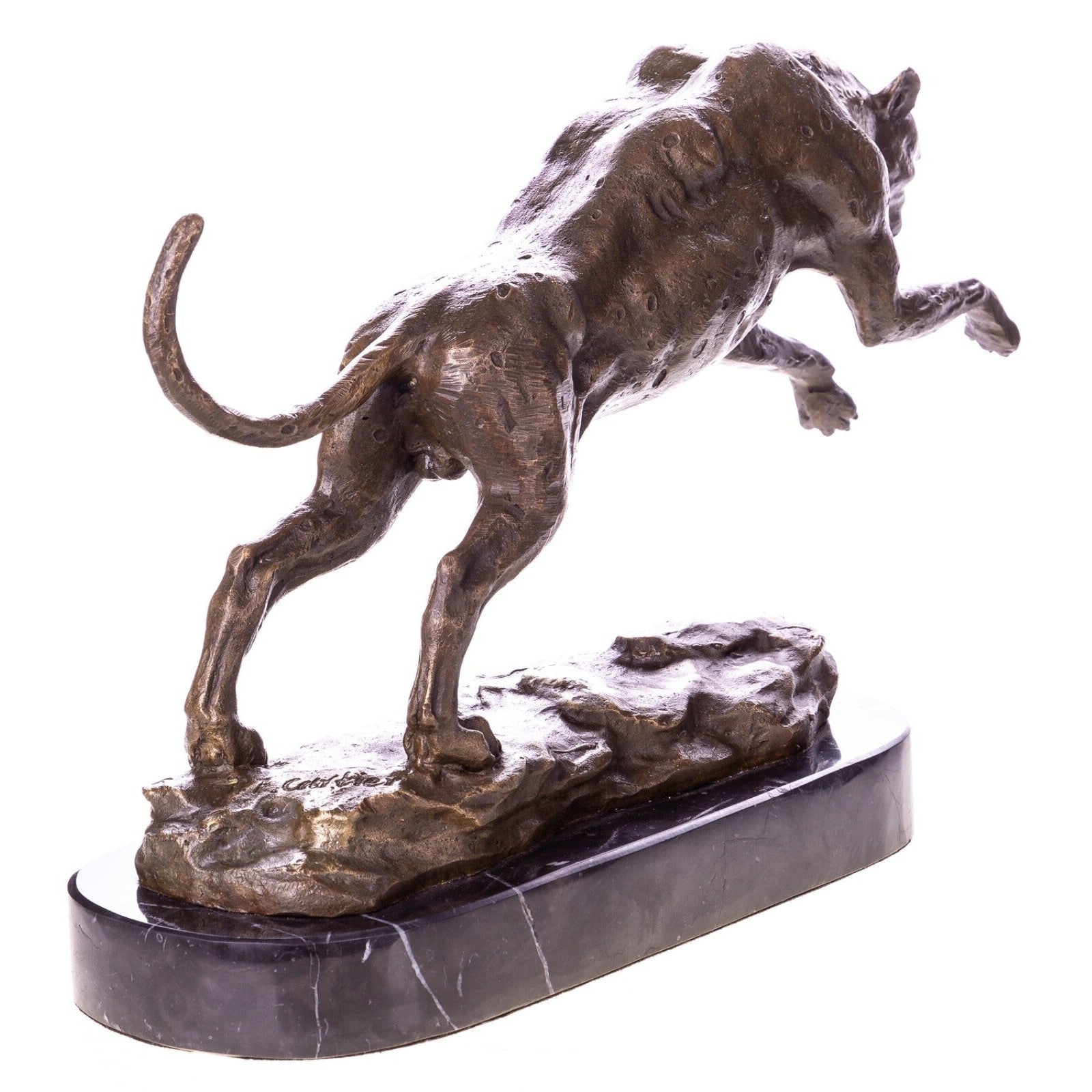 Bronze Panther Sculpture – Powerful Leaping Big Cat Statue on Marble