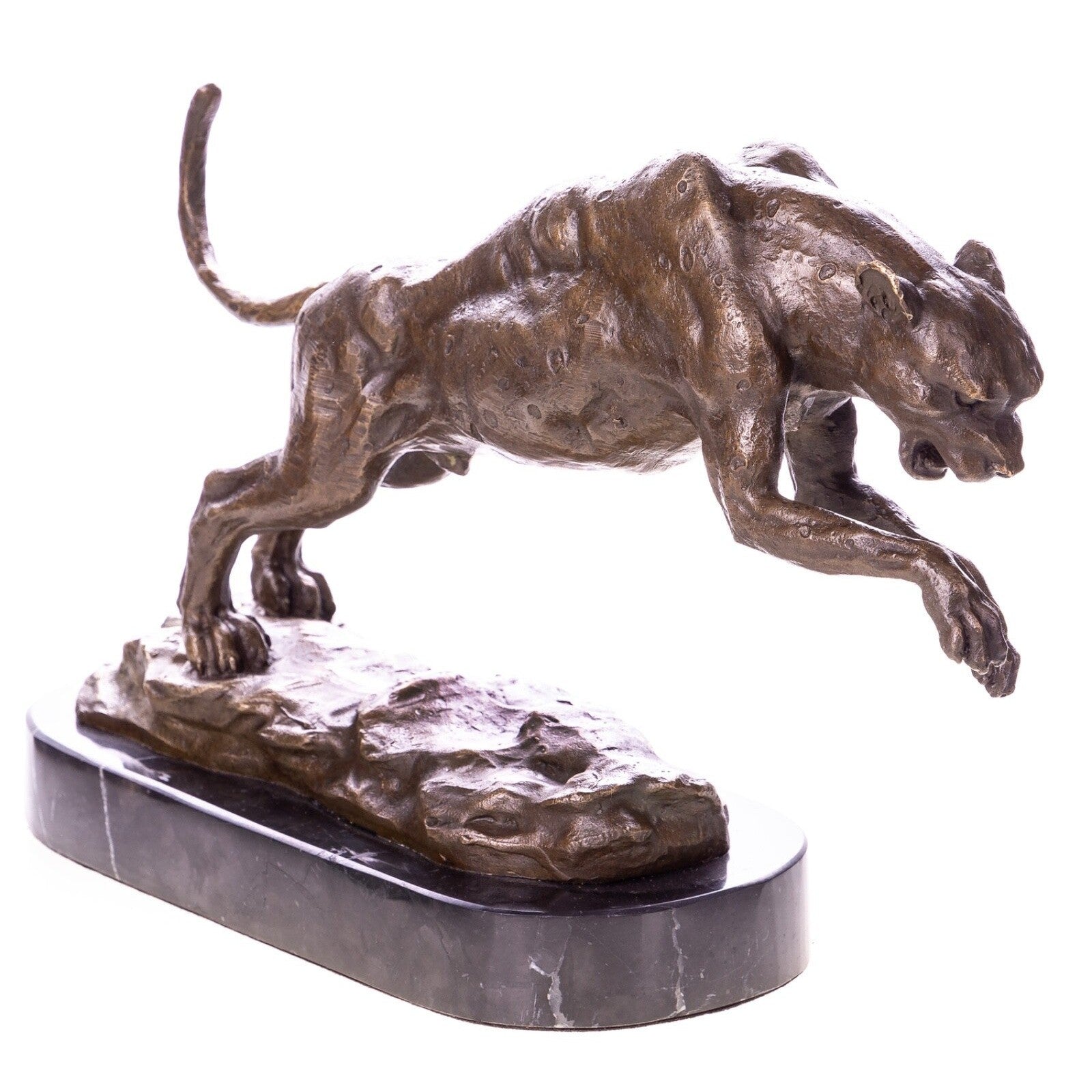 Bronze Panther Sculpture – Powerful Leaping Big Cat Statue on Marble