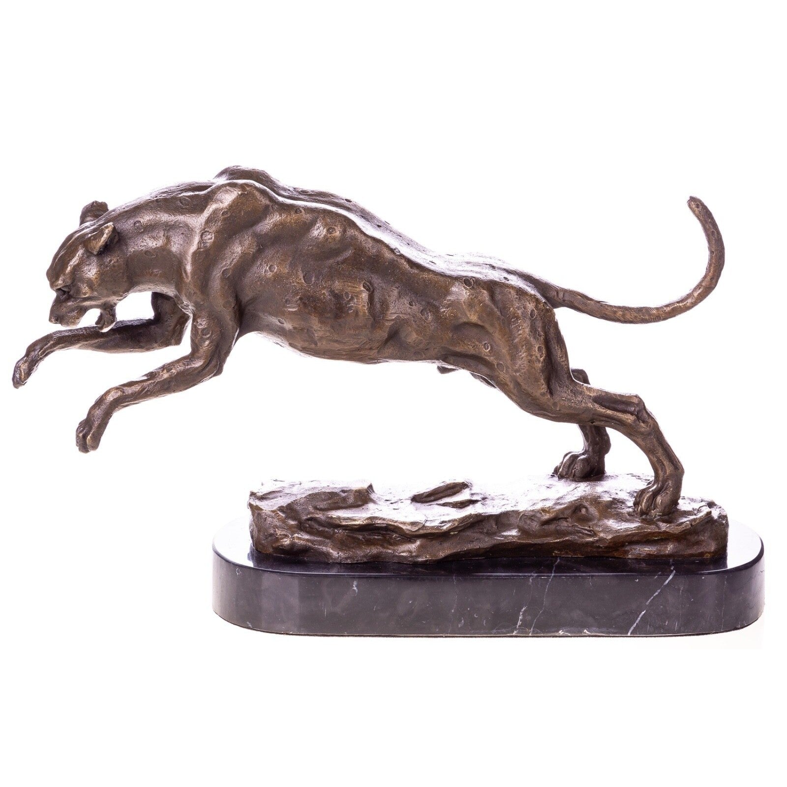 Bronze Panther Sculpture – Powerful Leaping Big Cat Statue on Marble