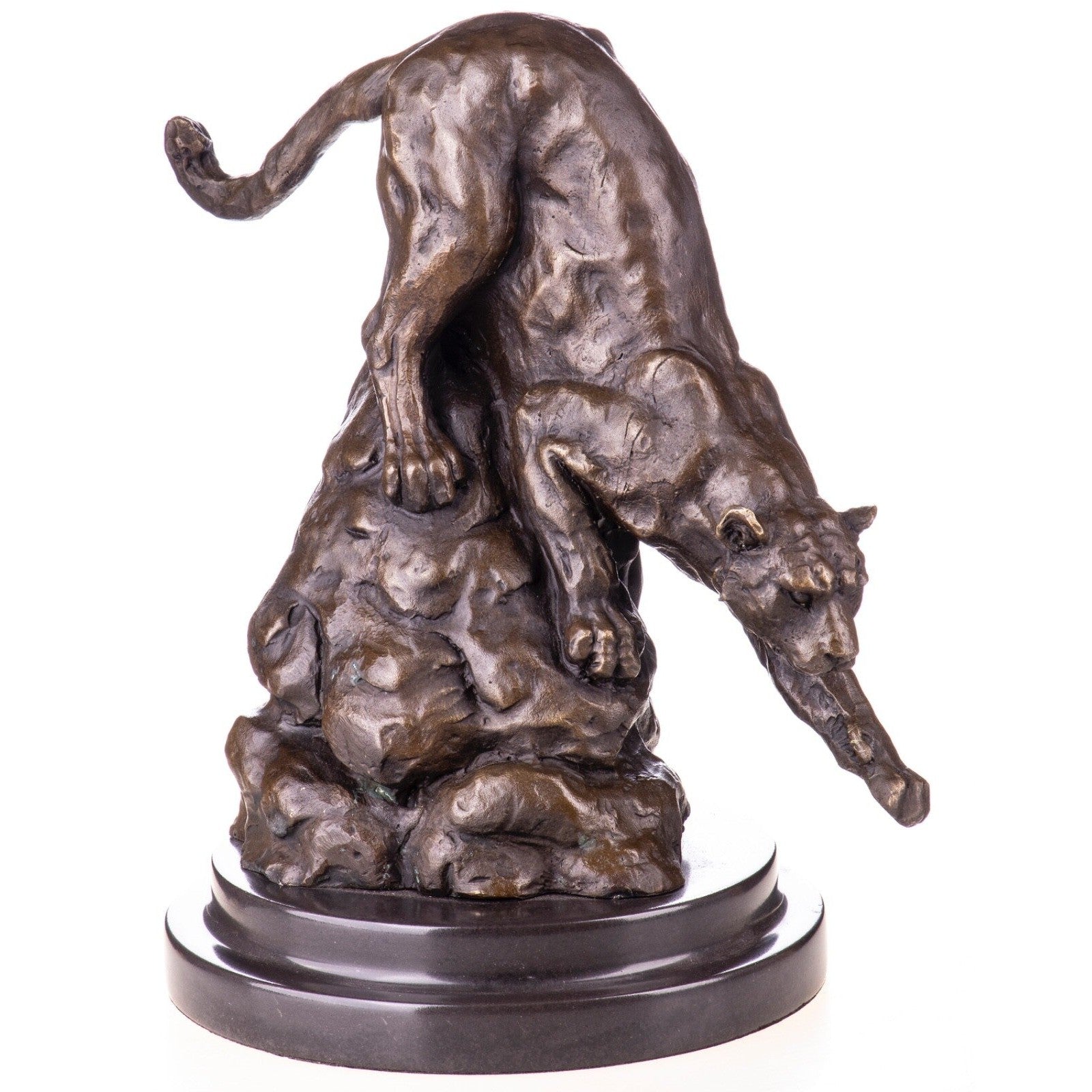 Bronze Panther Sculpture – Wild Cat Climbing Down Rock – Animal Art
