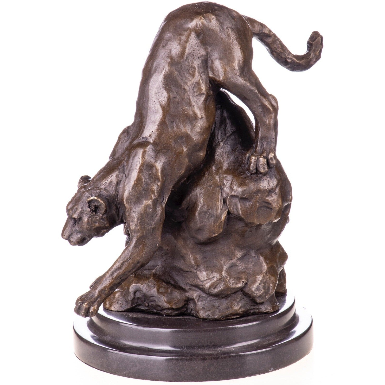 Bronze Panther Sculpture – Wild Cat Climbing Down Rock – Animal Art