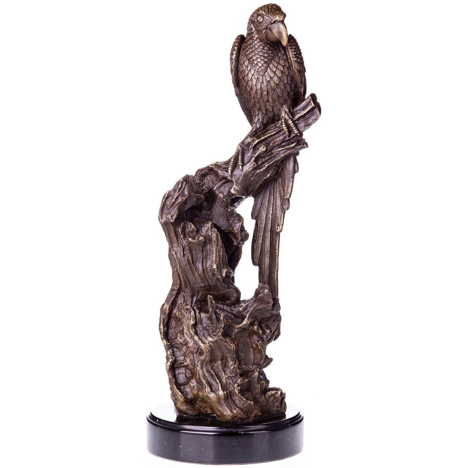 Bronze Parrot Sculpture on Textured Tree Trunk | Animal Sculptures