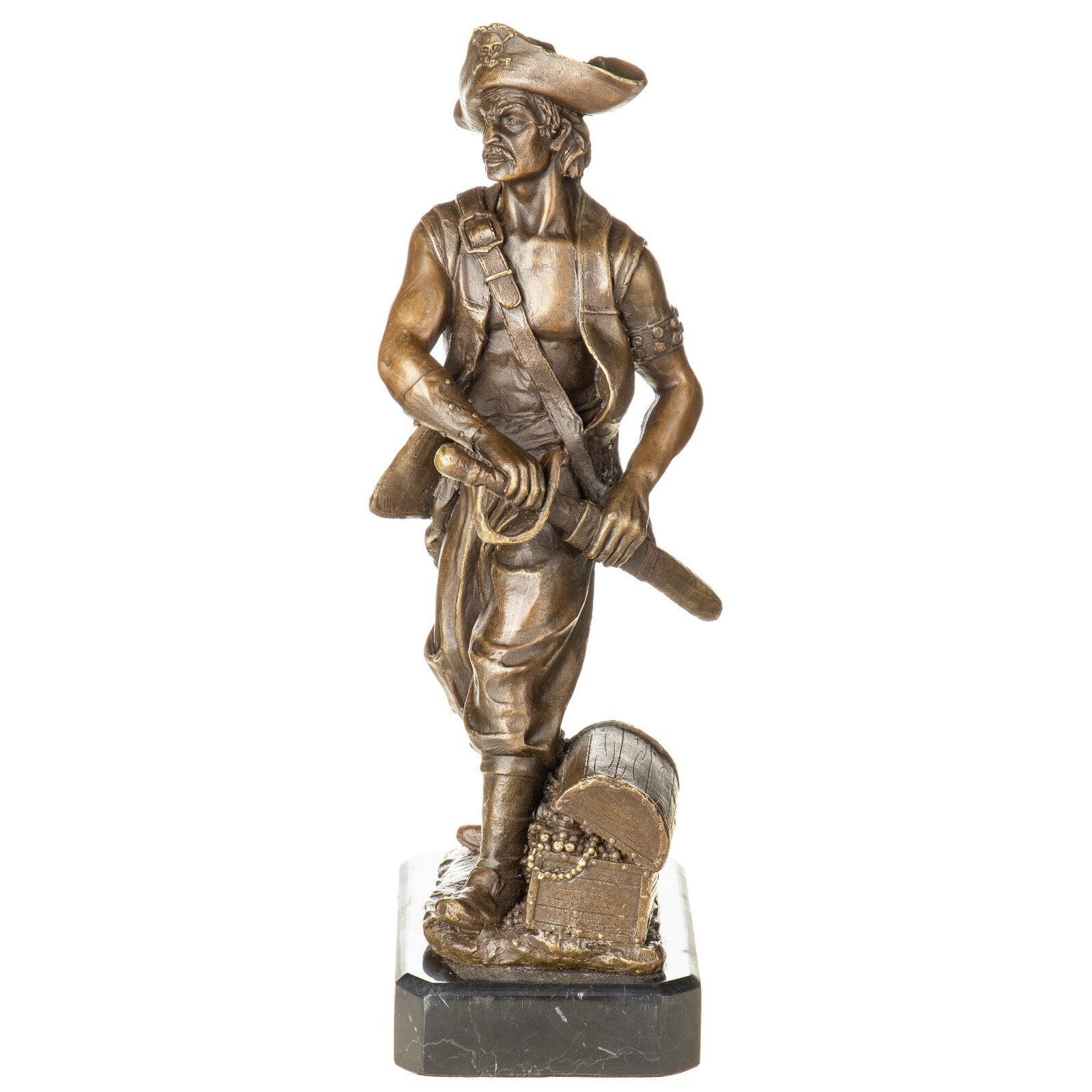 Bronze Pirate Statue with Treasure Chest – Detailed Figurine on Marble