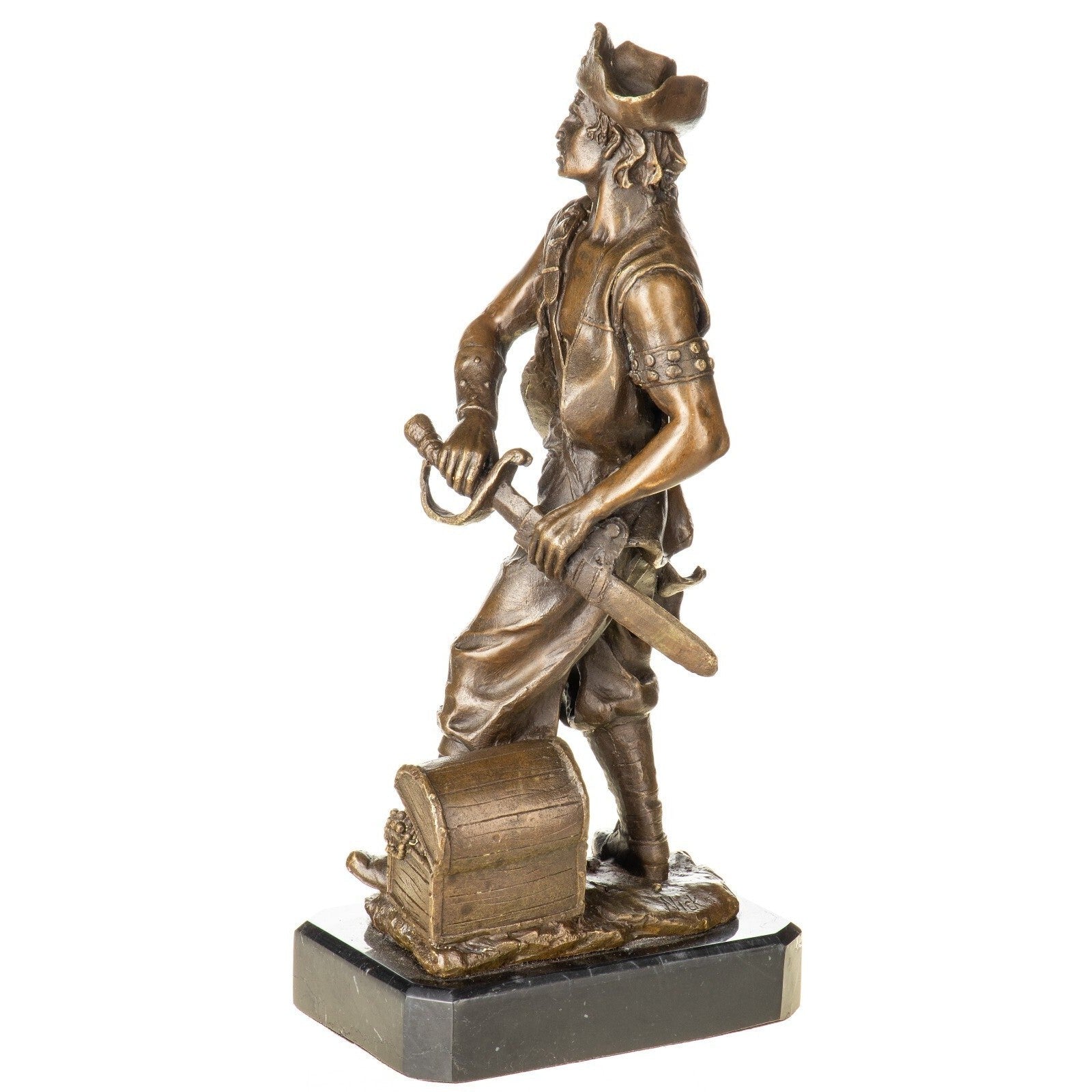 Bronze Pirate Statue with Treasure Chest – Detailed Figurine on Marble