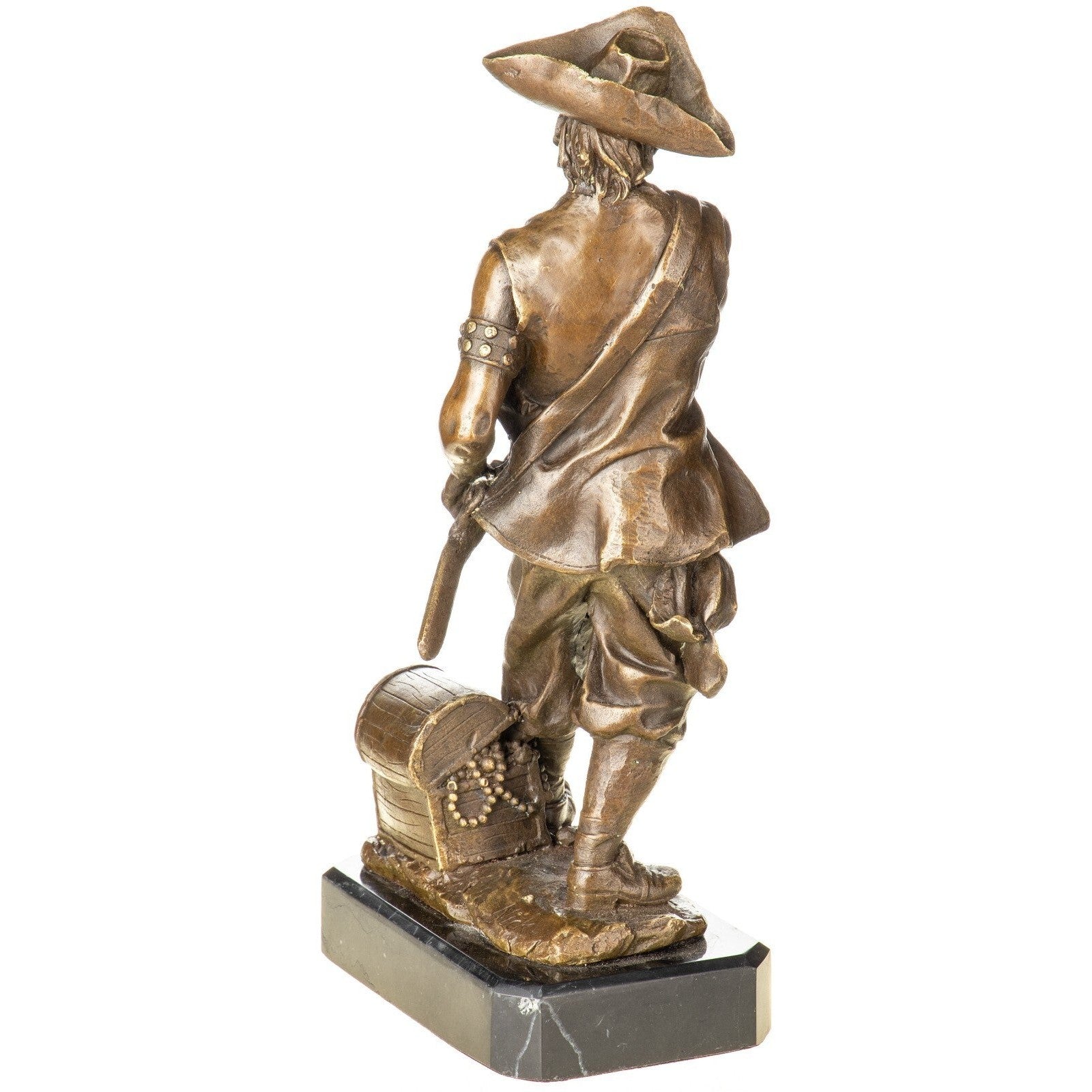 Bronze Pirate Statue with Treasure Chest – Detailed Figurine on Marble
