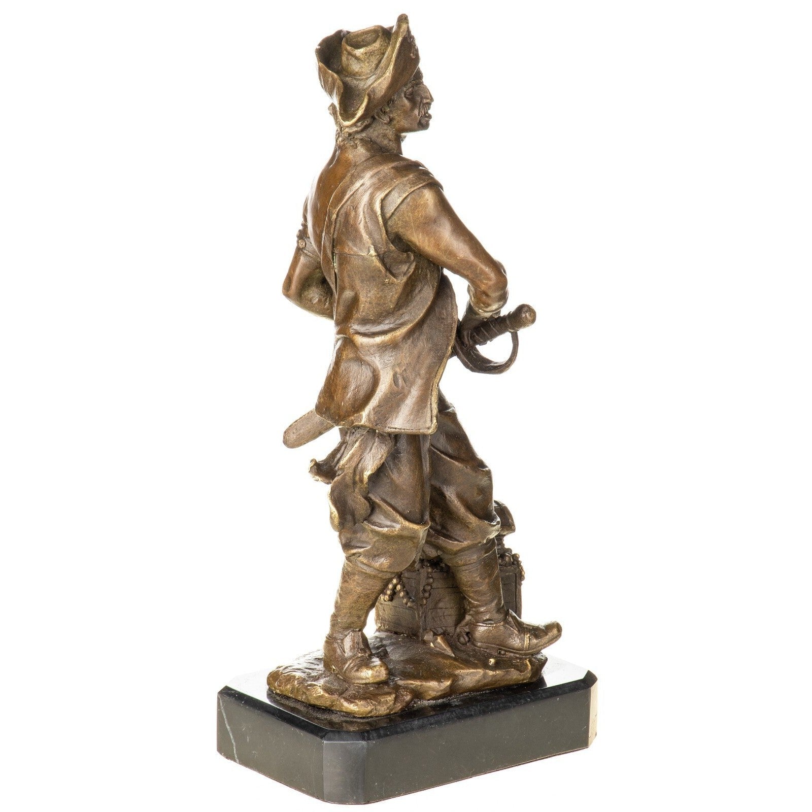 Bronze Pirate Statue with Treasure Chest – Detailed Figurine on Marble