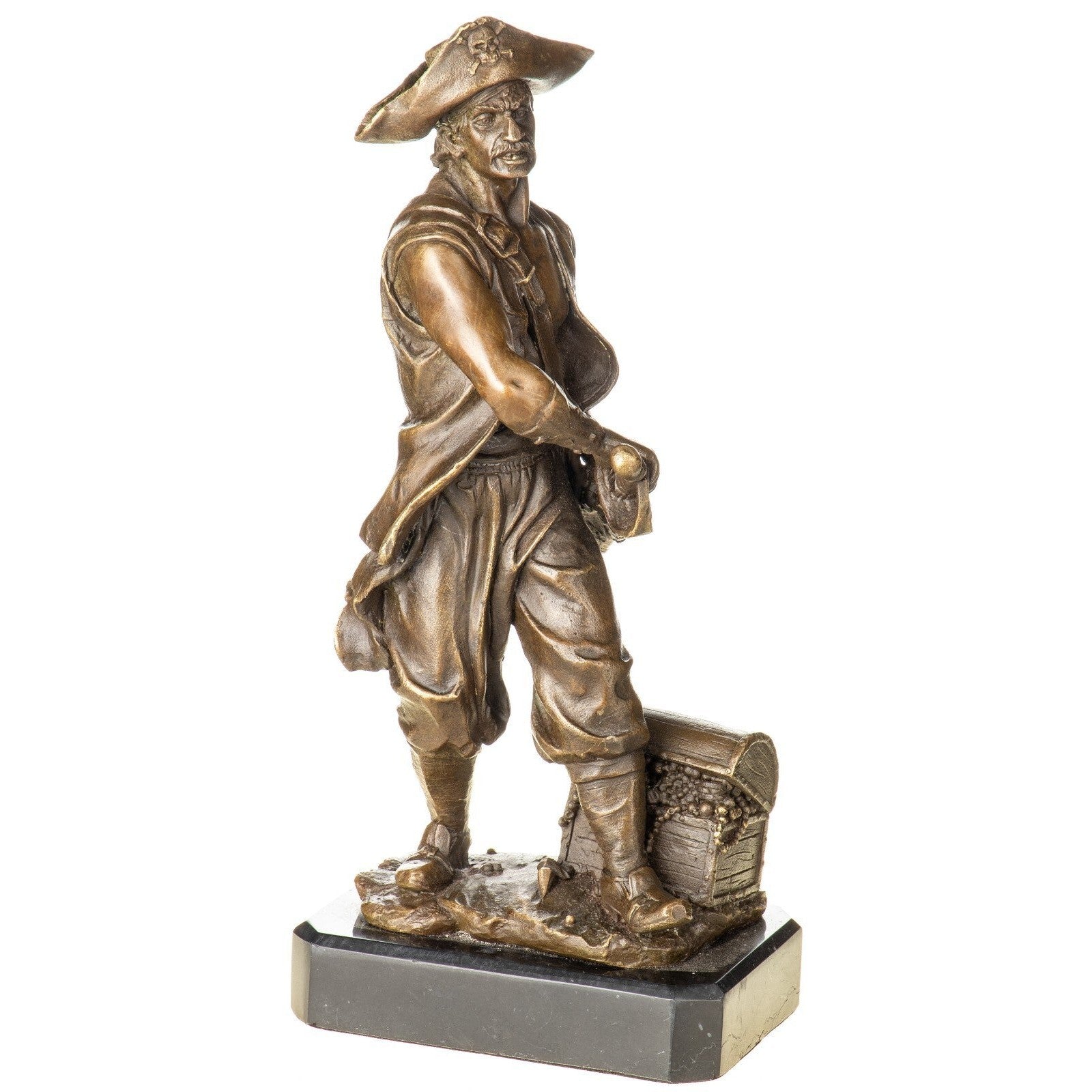 Bronze Pirate Statue with Treasure Chest – Detailed Figurine on Marble
