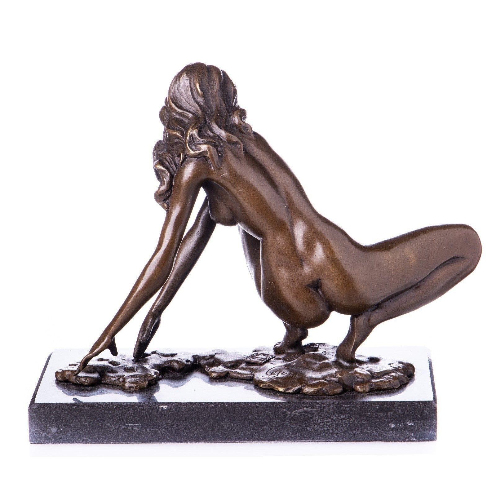 Bronze Sculpture of Crouching Nude Woman with Flowing Hair