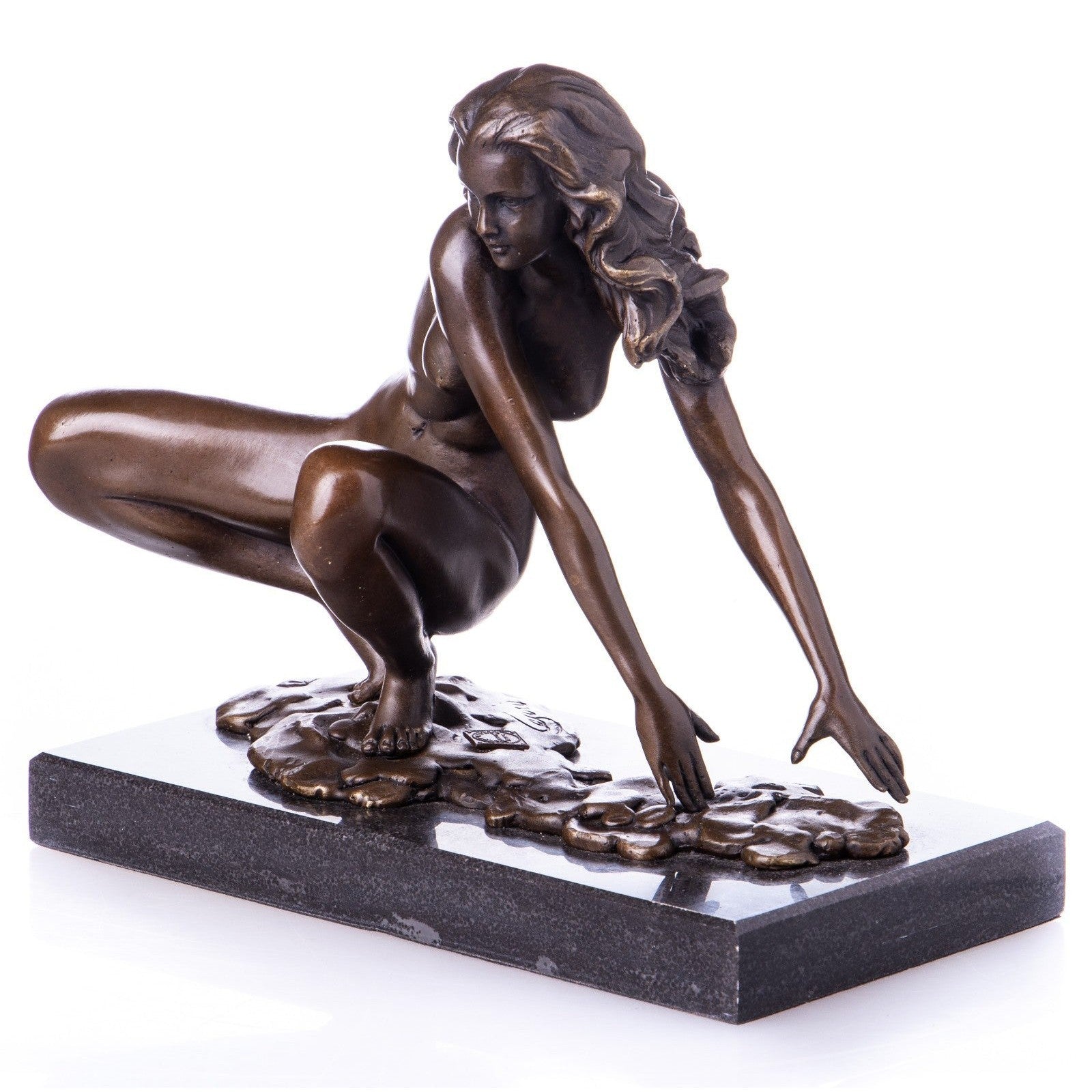 Bronze Sculpture of Crouching Nude Woman with Flowing Hair