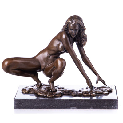 Bronze Sculpture of Crouching Nude Woman with Flowing Hair