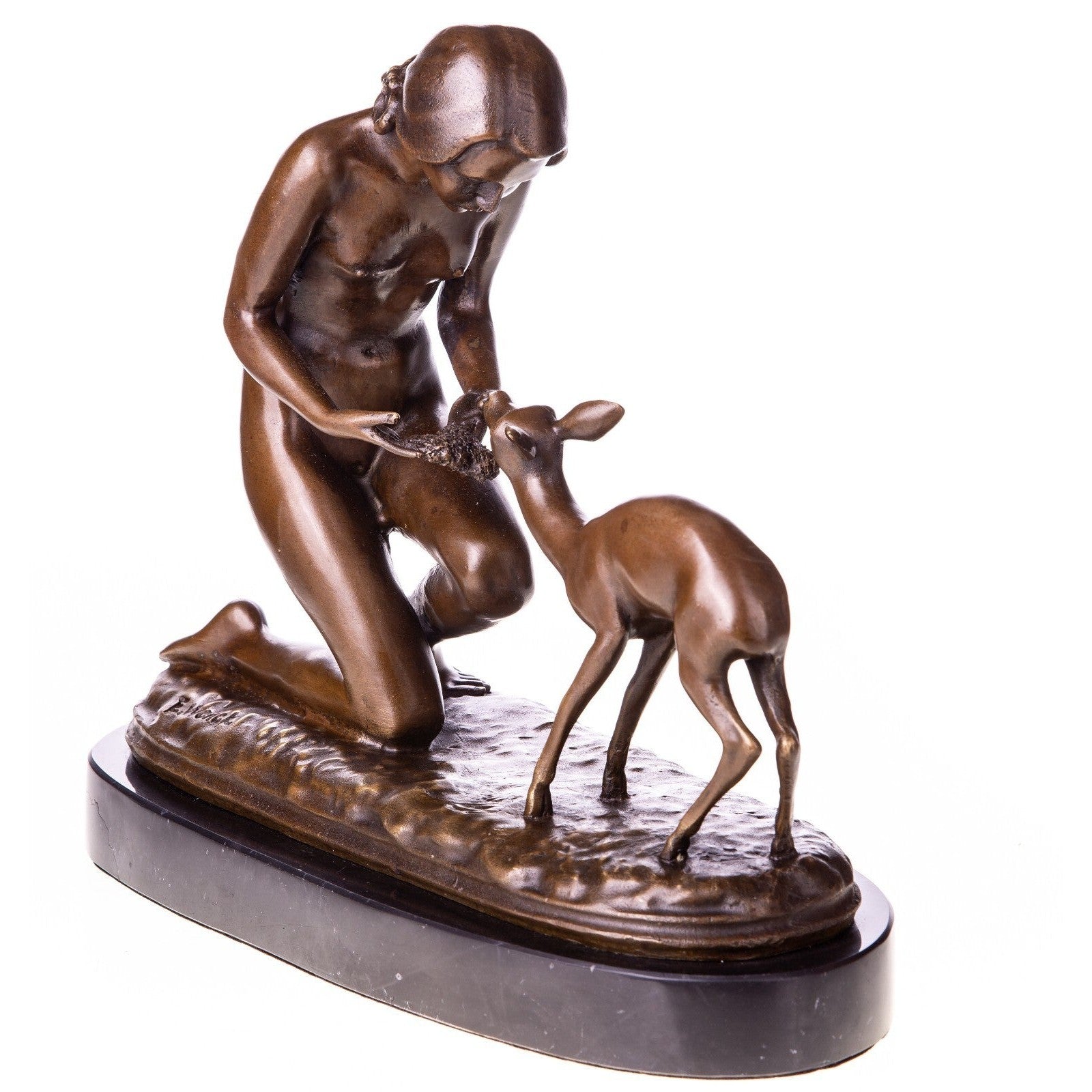Bronze Sculpture of Girl Feeding a Fawn | Animal Sculptures