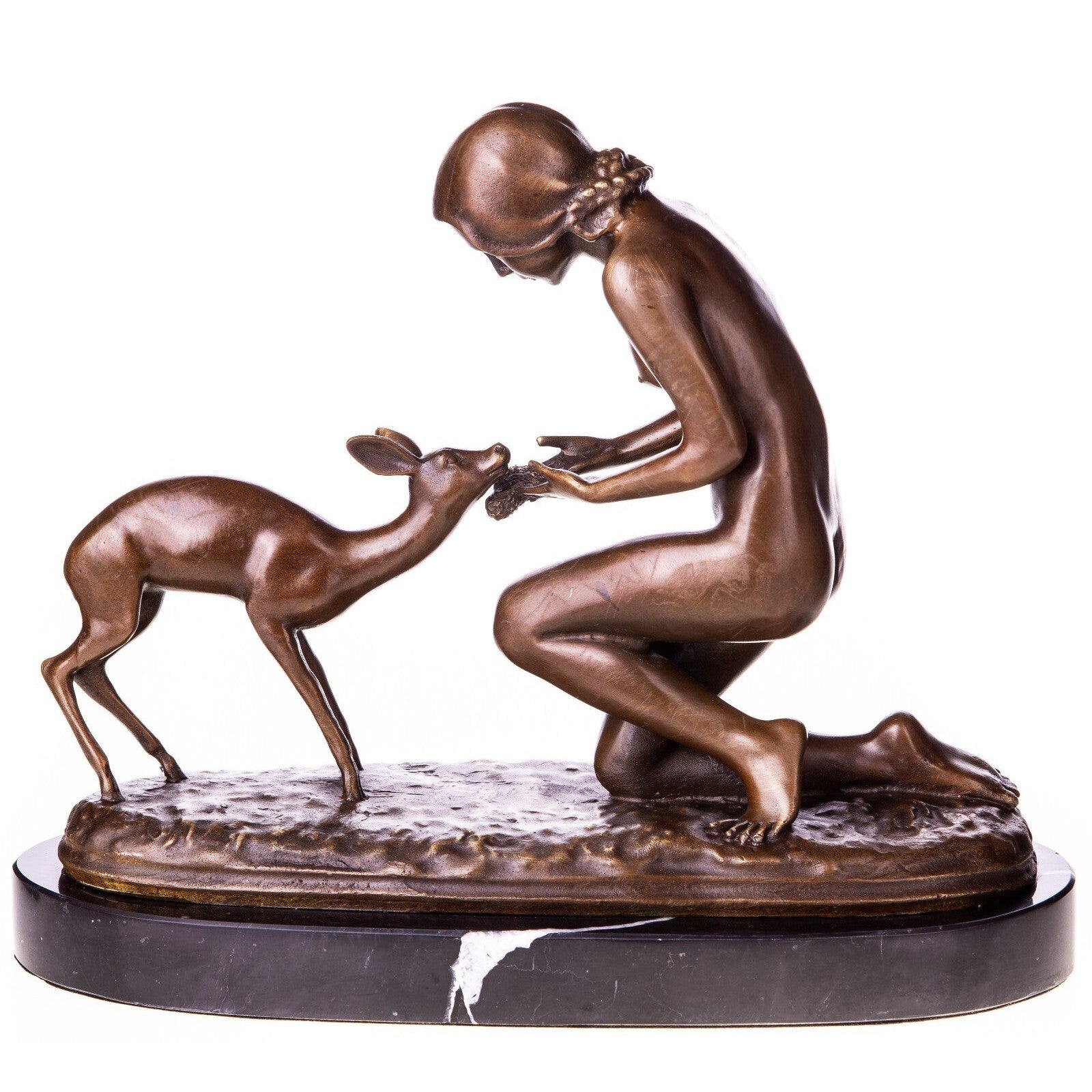Bronze Sculpture of Girl Feeding a Fawn | Animal Sculptures