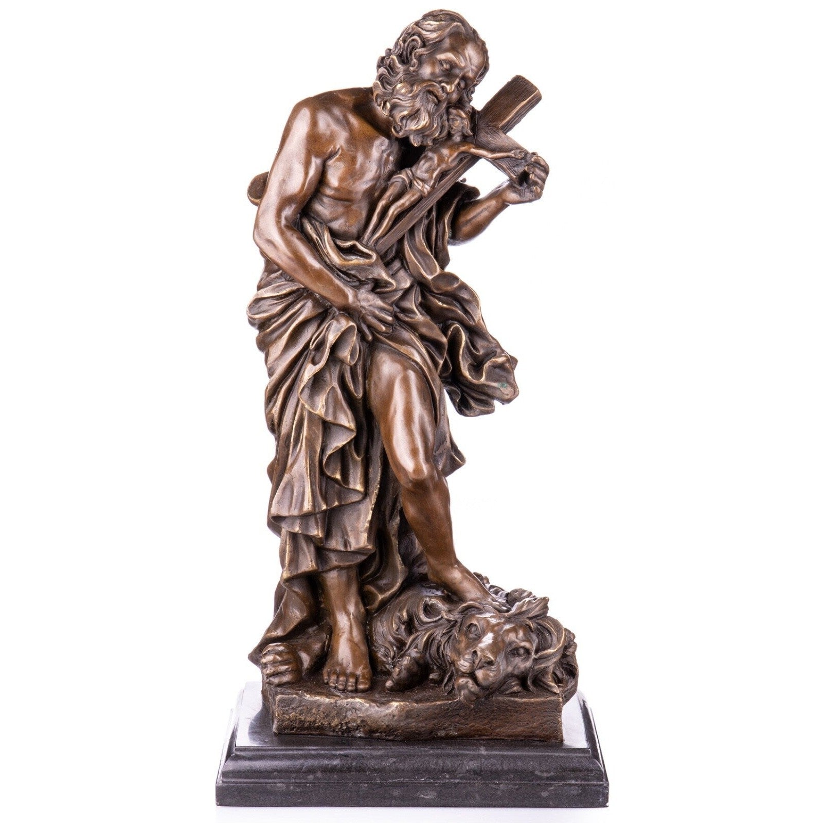 Bronze Sculpture of Saint with Cross and Lion, Mythology & Deity Sculp