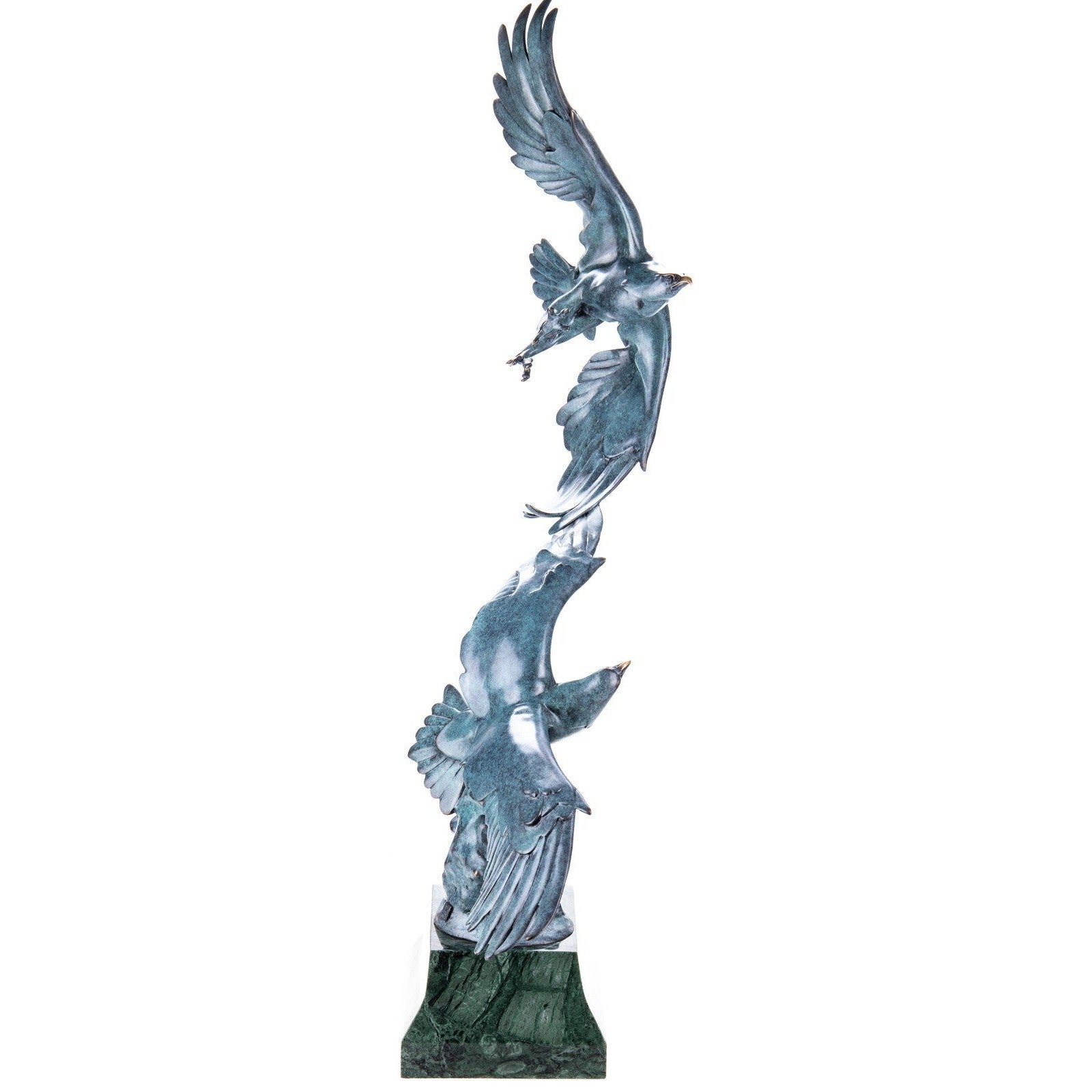 Bronze Sculpture of Two Eagles in Flight on Green Marble Base