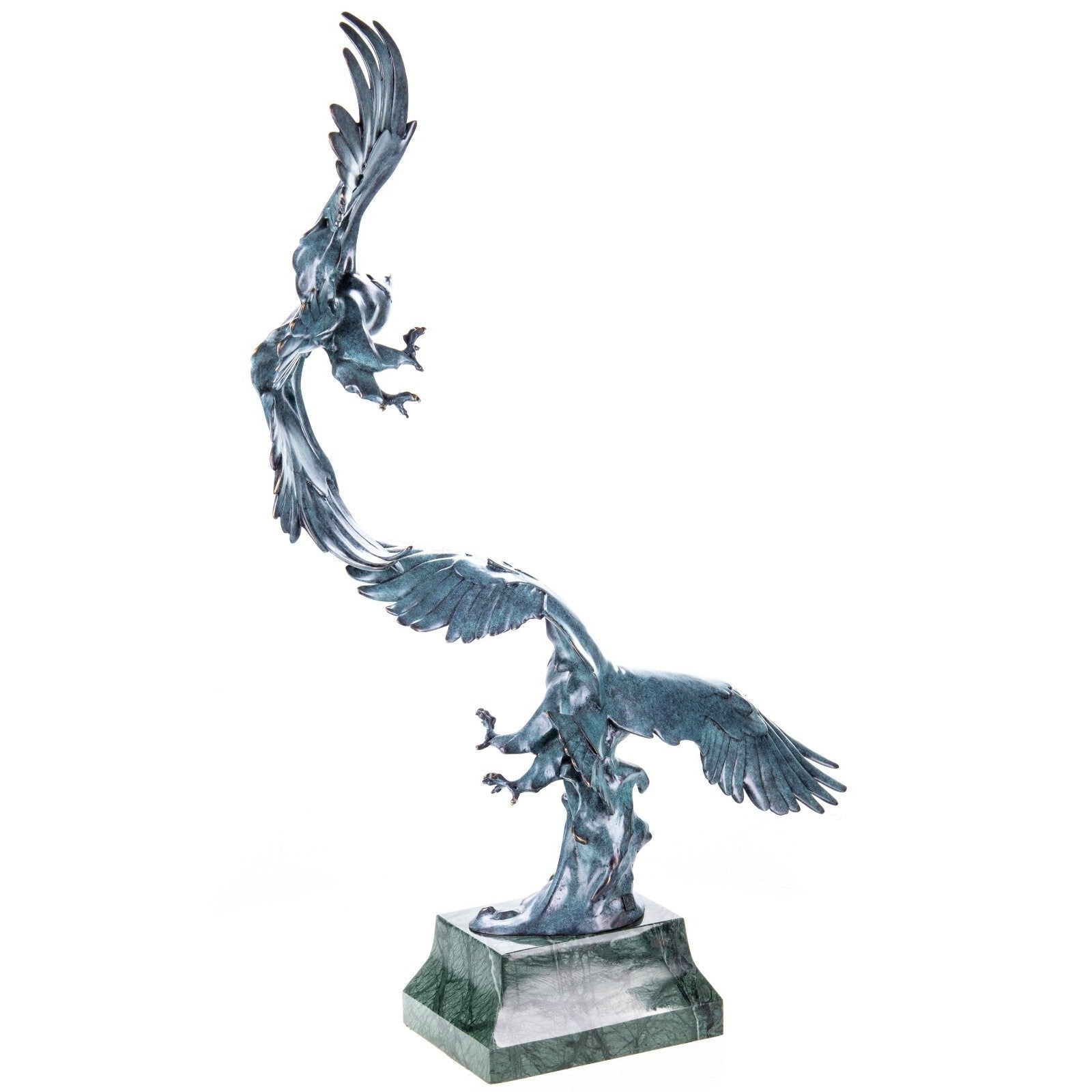 Bronze Sculpture of Two Eagles in Flight on Green Marble Base