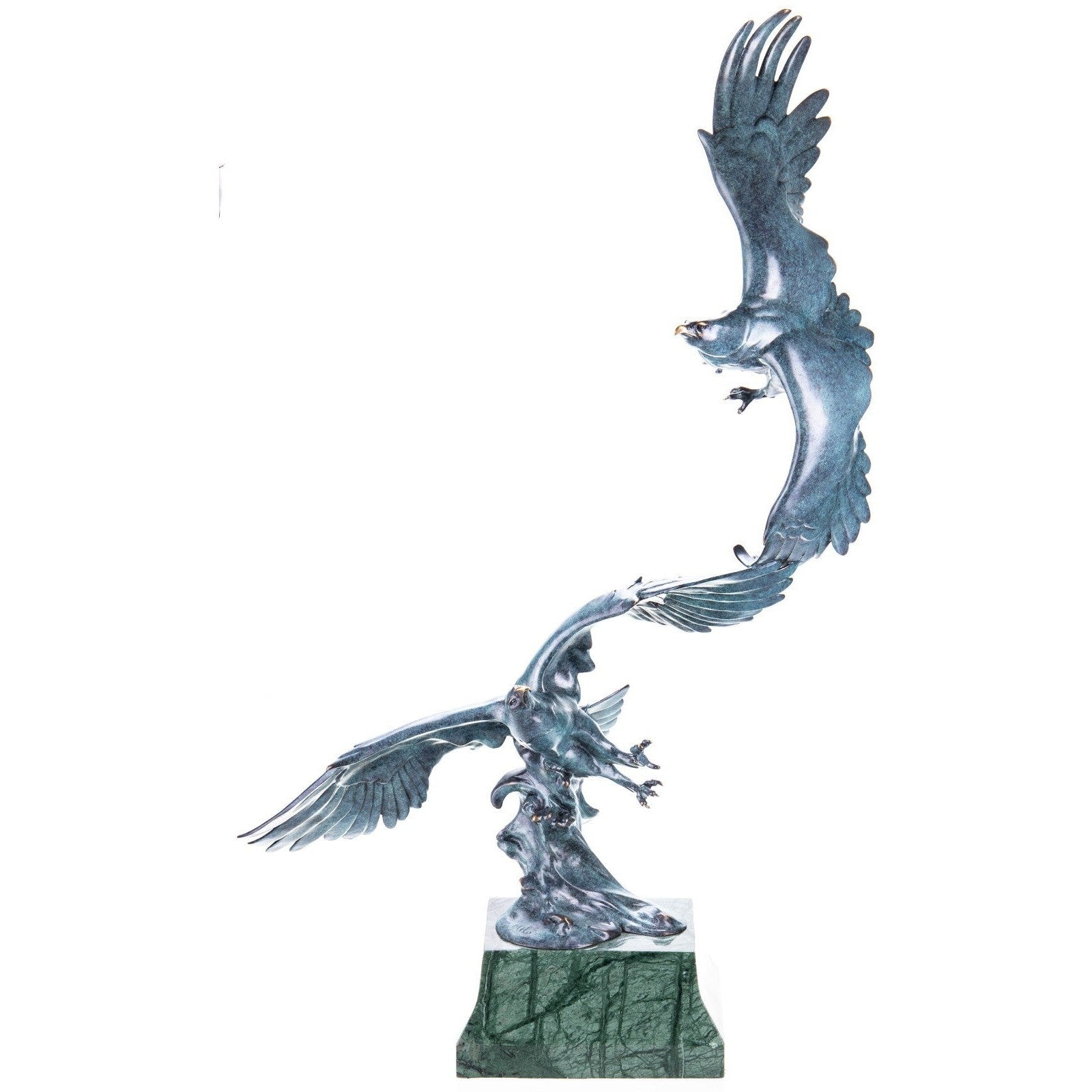 Bronze Sculpture of Two Eagles in Flight on Green Marble Base