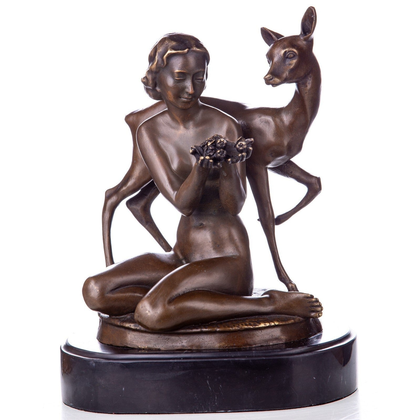 Bronze Sculpture of Woman with Fawn and Birds | Animal Sculptures