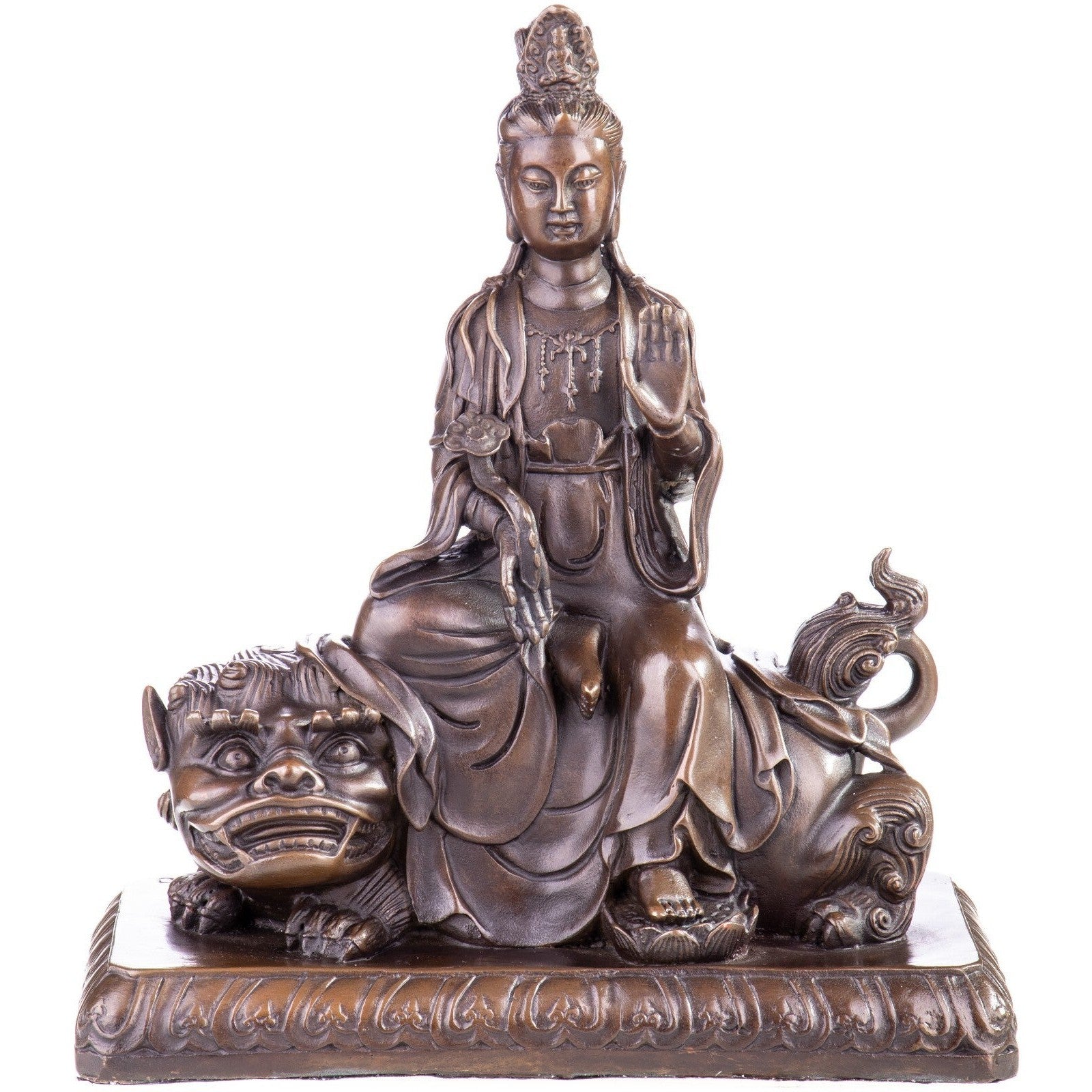 Bronze Statue of Guanyin on Fu Lion | Mythology & Deity Sculptures