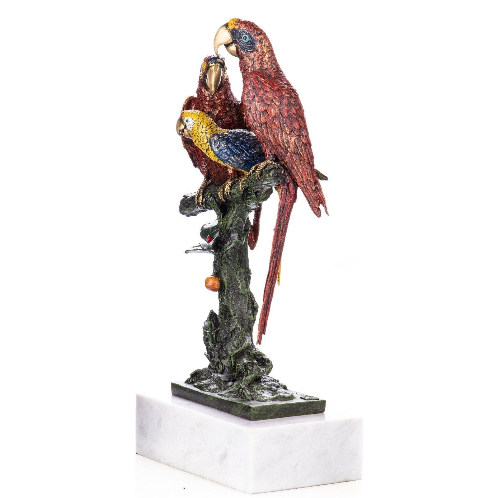 Bronze three parrots perched on a fruiting tree branch, Animal Sculptu