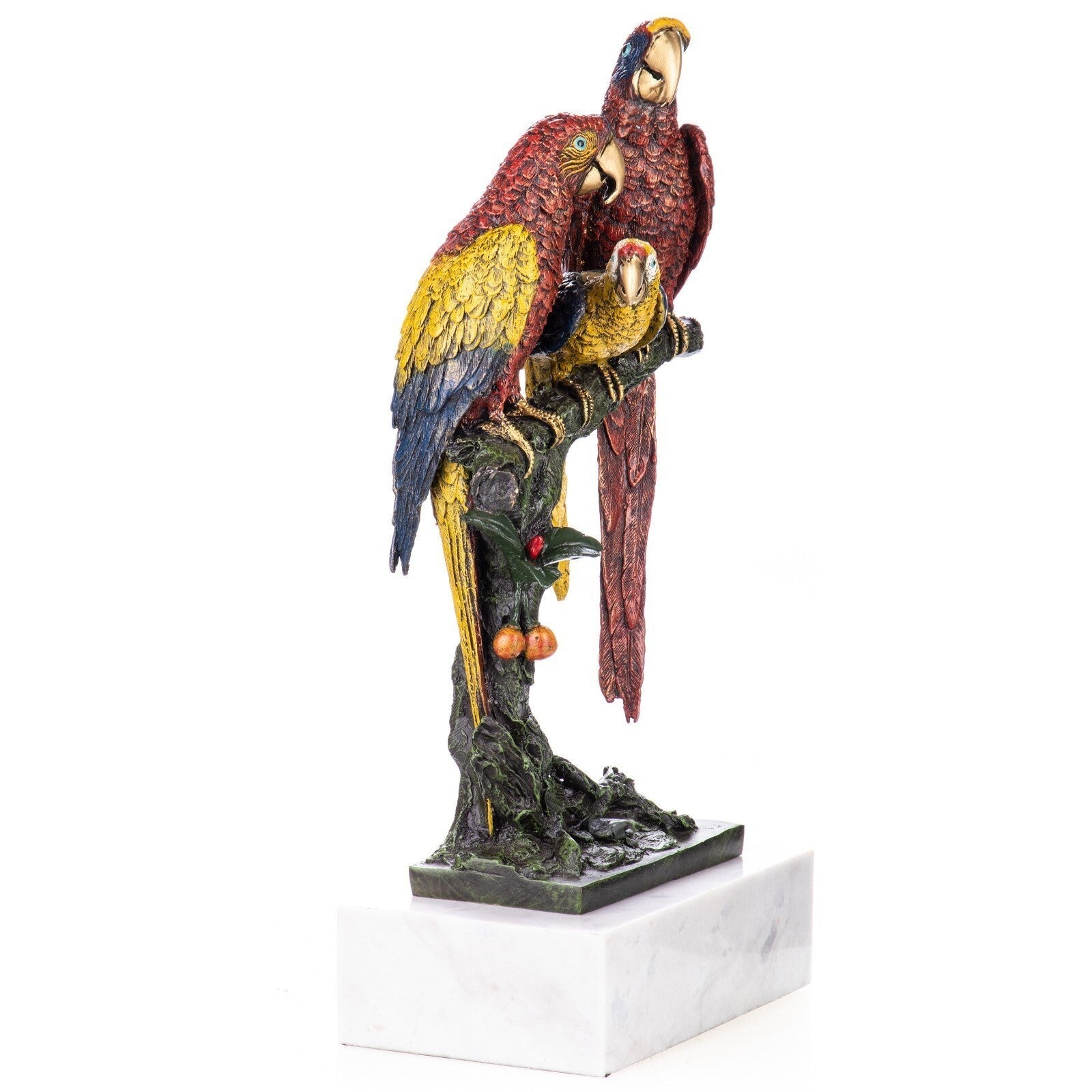 Bronze three parrots perched on a fruiting tree branch, Animal Sculptu