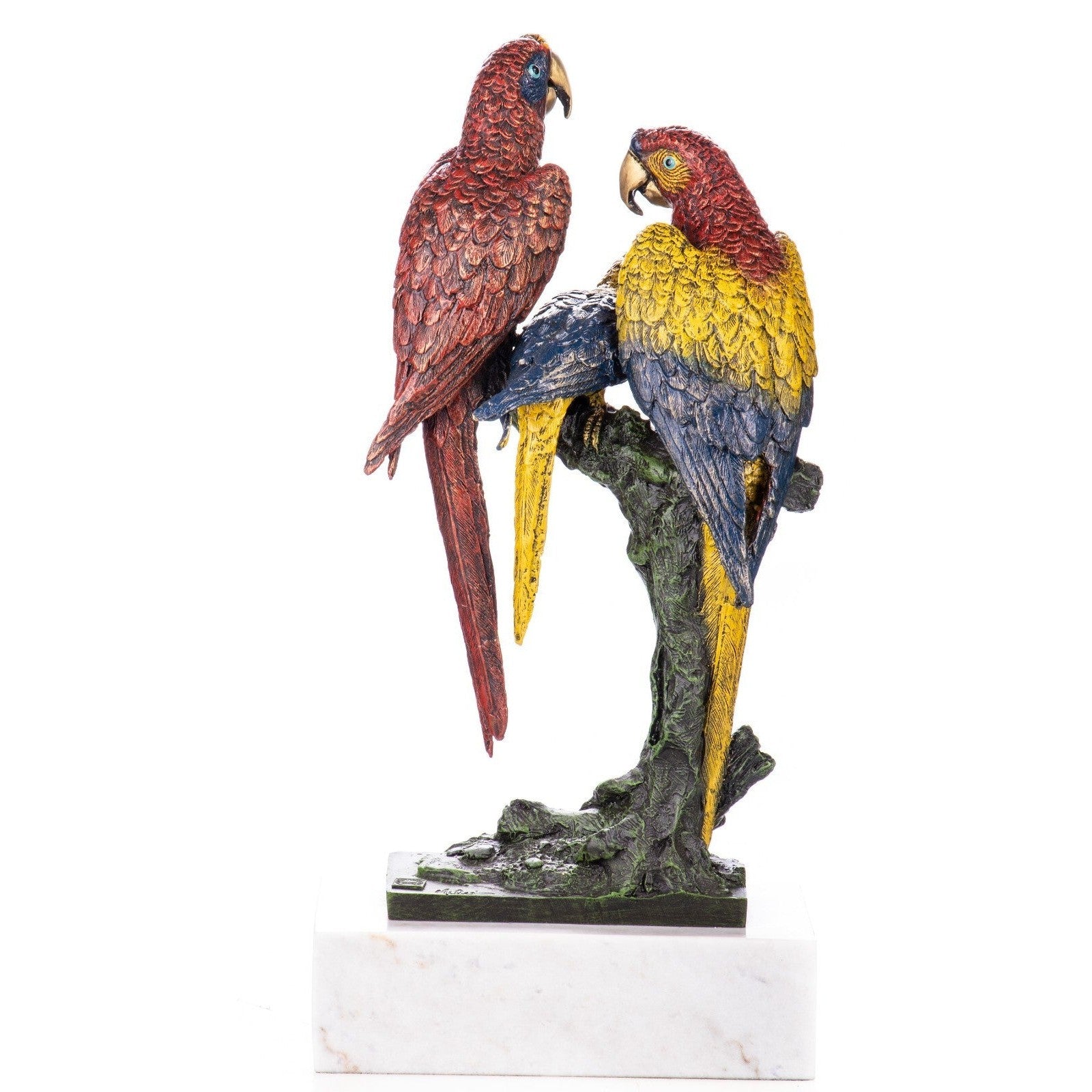 Bronze three parrots perched on a fruiting tree branch, Animal Sculptu