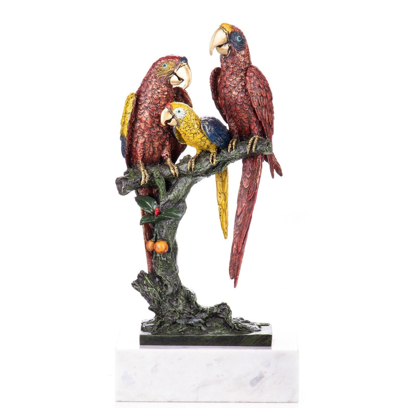 Bronze three parrots perched on a fruiting tree branch, Animal Sculptu