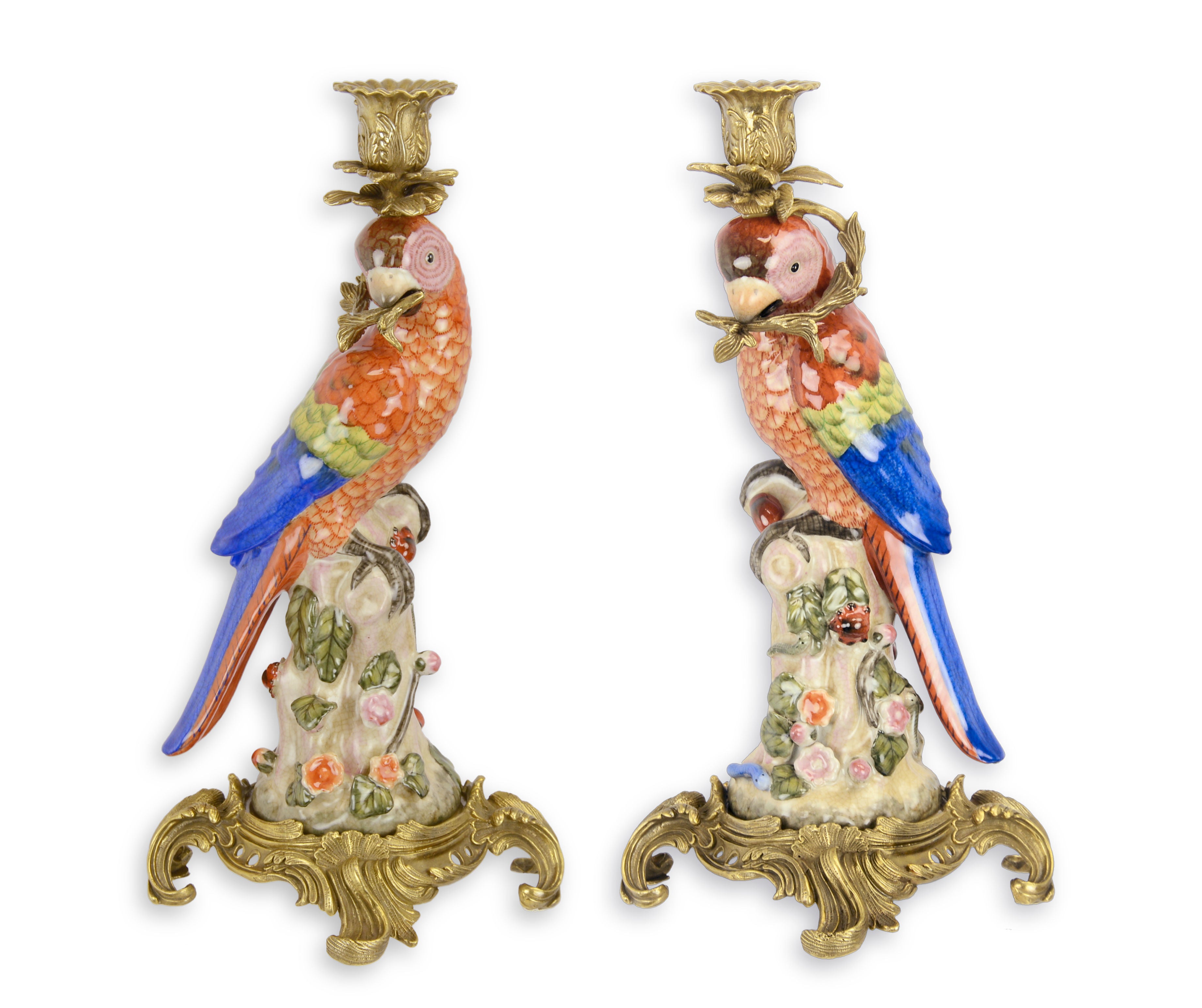 Bronze Set Mounted Porcelain Parrot Candle Holders