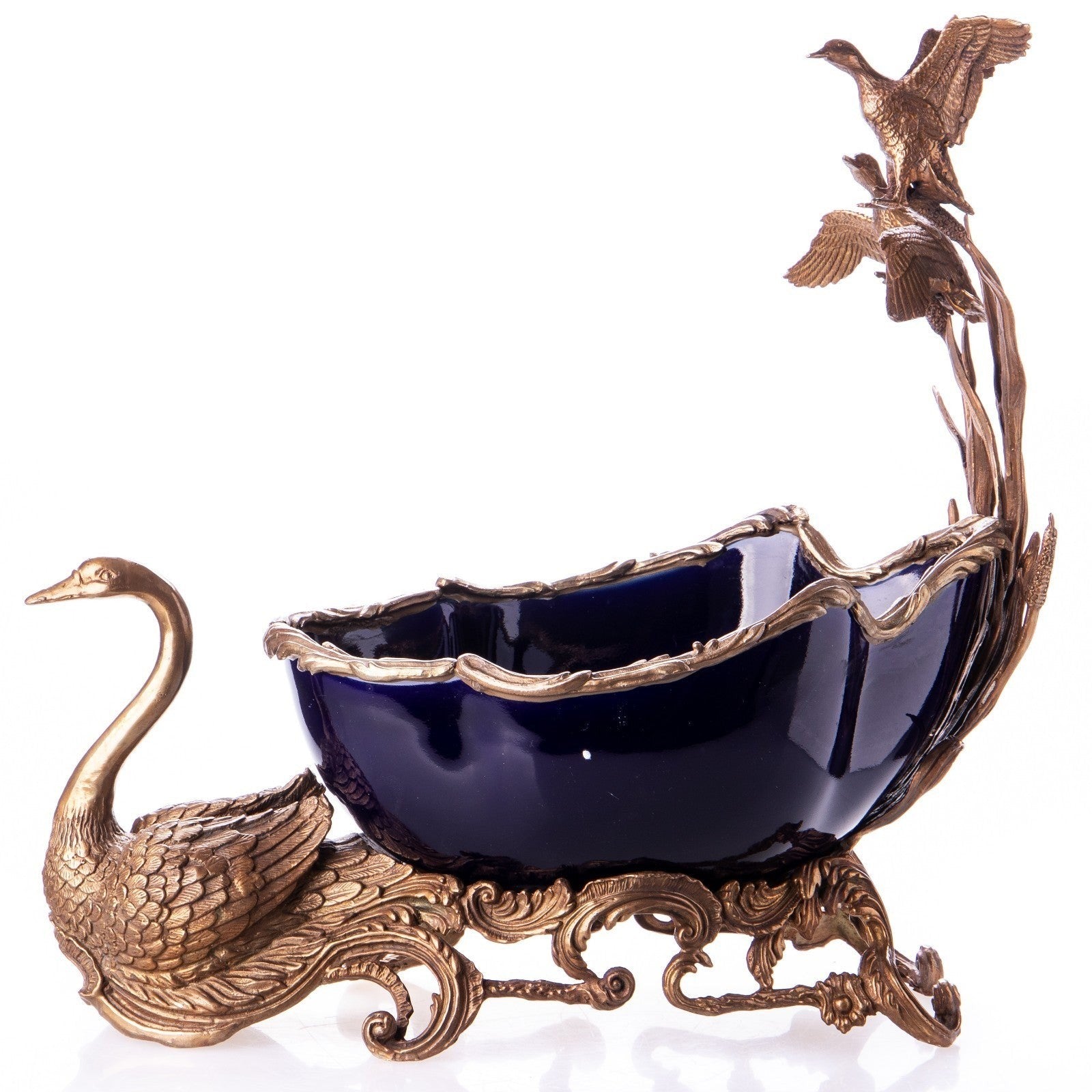 Cobalt Blue Porcelain Centerpiece Bowl with Bronze Swan and Bird