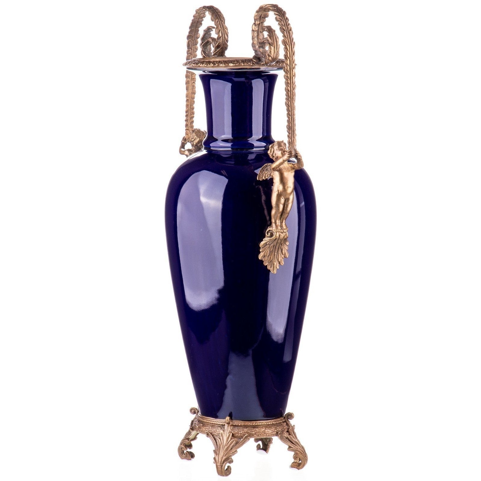 Cobalt Blue Porcelain Vase with Bronze Cherub Handles | Vases & Bowls