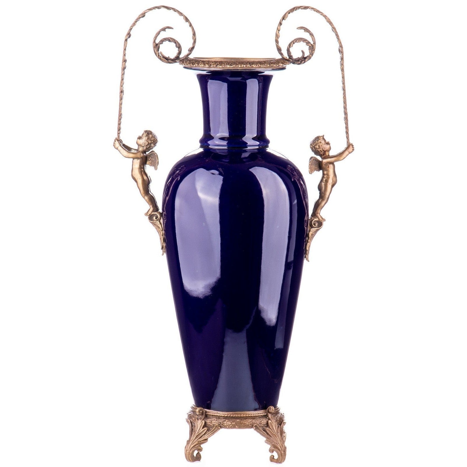 Cobalt Blue Porcelain Vase with Bronze Cherub Handles | Vases & Bowls