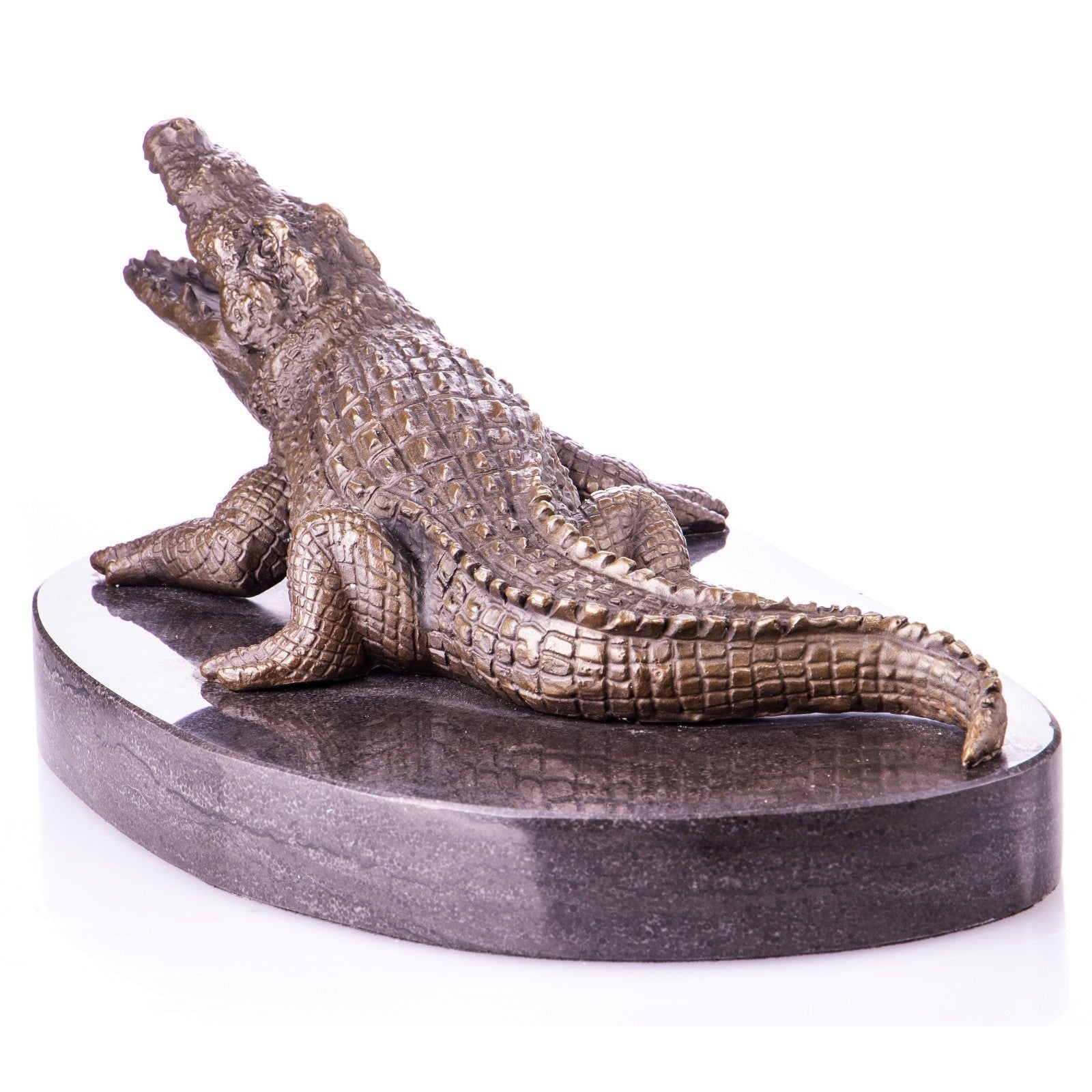 Cold Cast Bronze Crocodile Sculpture on Marble Base, Animal Sculptures