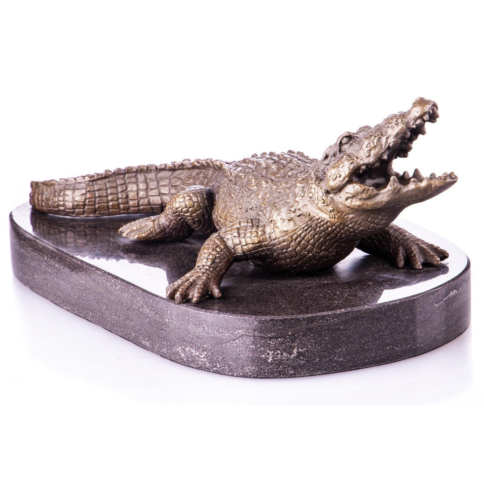 Cold Cast Bronze Crocodile Sculpture on Marble Base, Animal Sculptures