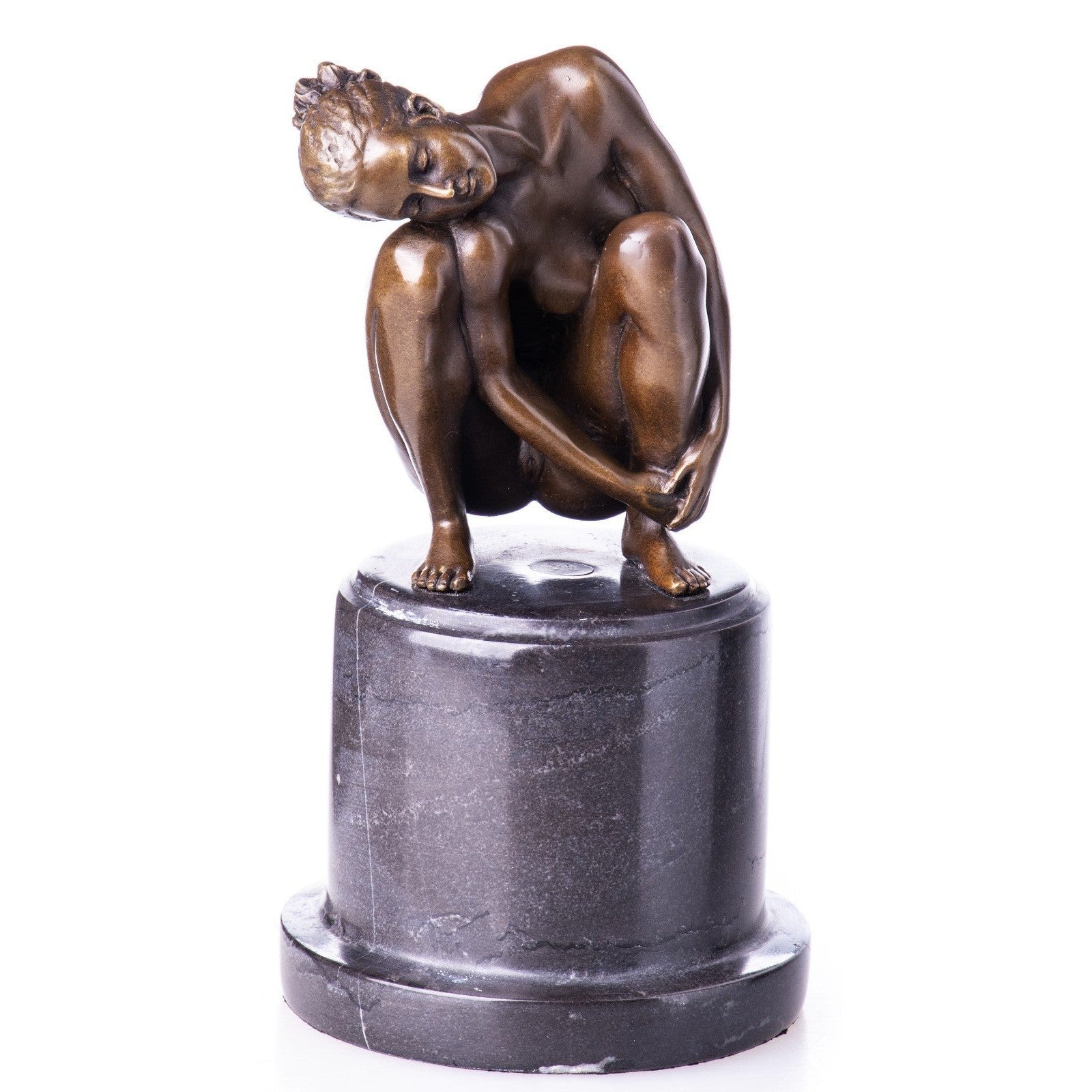 Crouching Nude Female Bronze Sculpture on Marble Base, Nude & Figurati