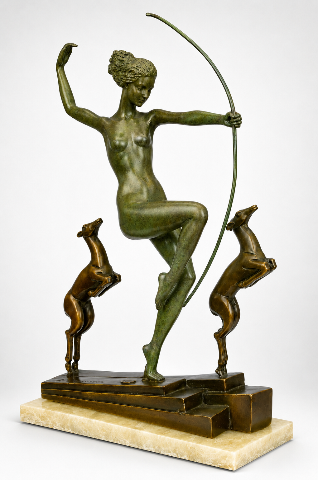 Diana with 2 Dogs Green / Brown Finish | Handcrafted Bronze Decor