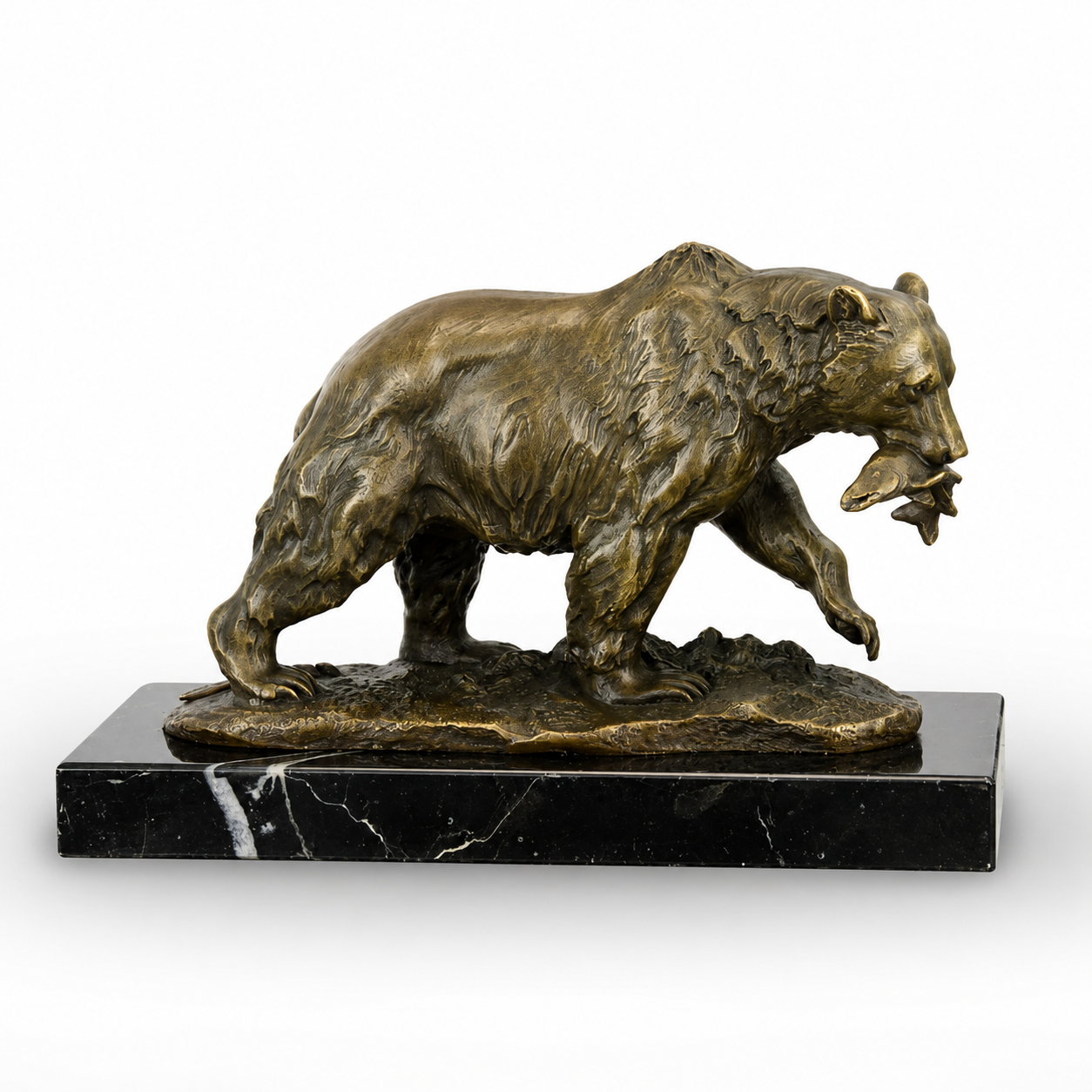 Bronze Sculpture of a Grizzly Bear with Salmon on Marble Base