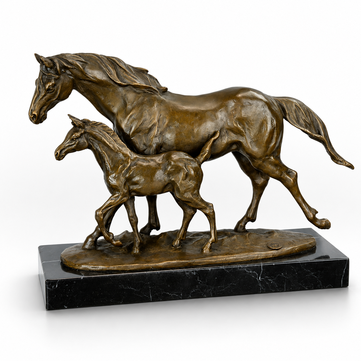 Bronze Horse Sculpture with Mare and Foal on Solid Marble Base