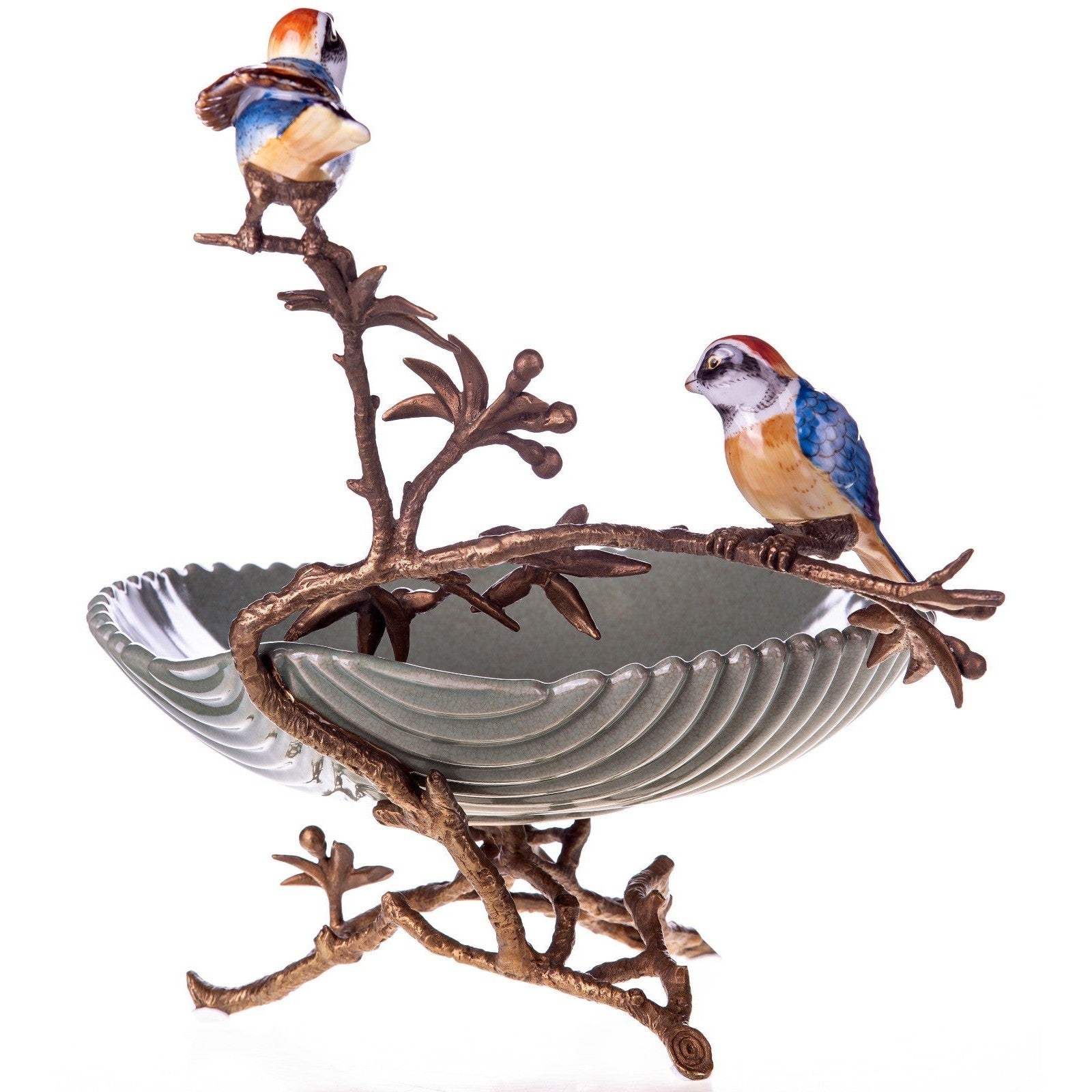 Decorative Ceramic Bird Bowl on Bronze Branch Stand | Vases & Bowls